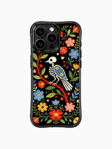 PhoneCasing iPhone 16 pro max Case with a skeleton bird perched on a red floral branch, evoking the charm of old-fashioned love letters, surrounded by folk flowers and hearts, whimsical Day of the Dead print on black iPhone 16 pro max casing.