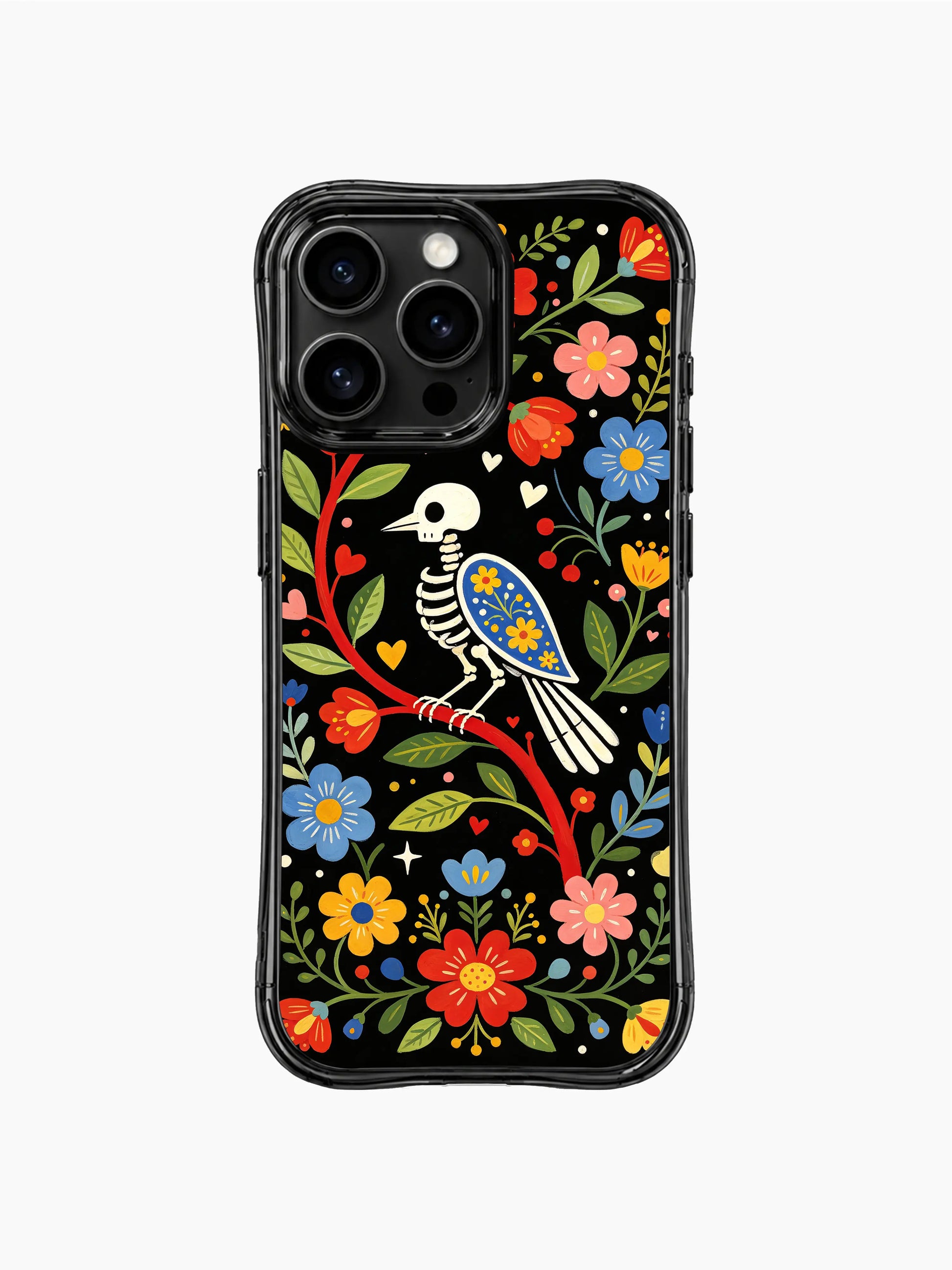 PhoneCasing iPhone 16 pro max Case with a skeleton bird perched on a red floral branch, evoking the charm of old-fashioned love letters, surrounded by folk flowers and hearts, whimsical Day of the Dead print on black iPhone 16 pro max casing.