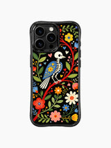 PhoneCasing iPhone 16 pro max Case with a skeleton bird adorned with detailed folk floral patterns on its wings, surrounded by a rich tapestry of flowers and leaves, whimsical folk print on iPhone 16 pro max casing.