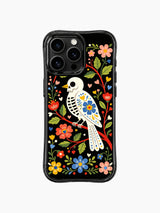 PhoneCasing iPhone 16 pro max Case featuring a skeleton bird surrounded by evenly spaced heart motifs and folk flowers, creating a balanced and romantic folk art design for iPhone 16 pro max casing.