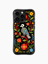 PhoneCasing iPhone 16 pro max Case featuring a skeleton bird perched on a long, winding red floral branch, surrounded by cascading folk flowers and leaves, creating a flowing folk art design on iPhone 16 pro max casing.