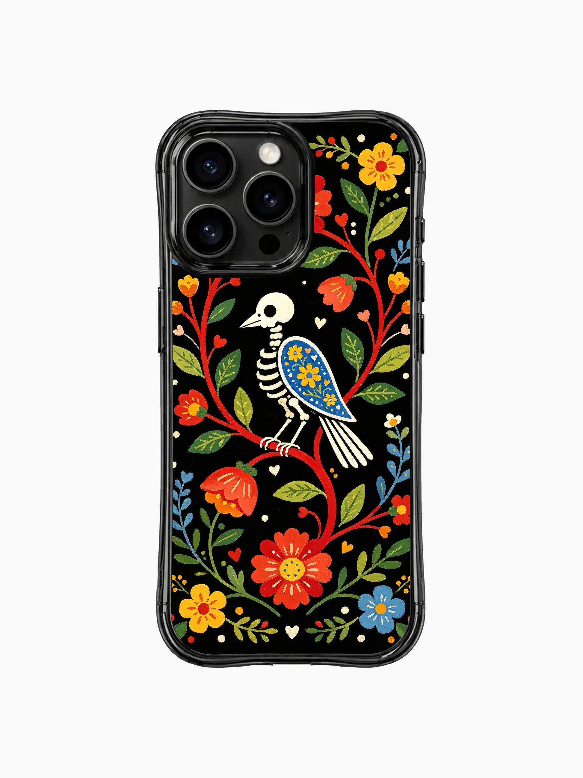 PhoneCasing iPhone 16 pro max Case featuring a skeleton bird perched on a long, winding red floral branch, surrounded by cascading folk flowers and leaves, creating a flowing folk art design on iPhone 16 pro max casing.