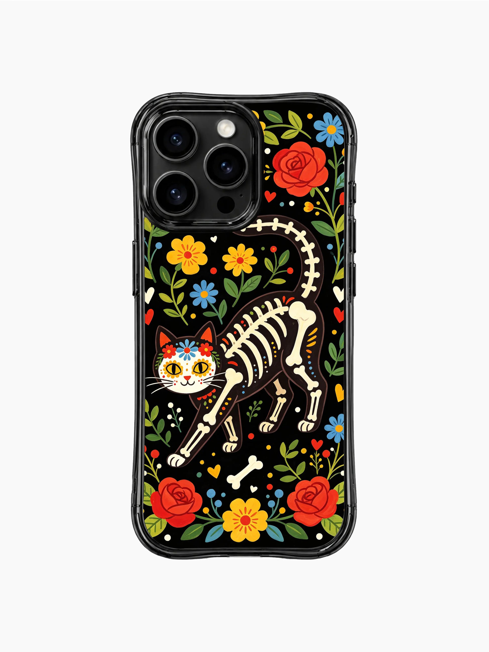 PhoneCasing iPhone 16 pro max Case featuring a crouching floral skeleton cat art by Estrella Nocturna, bordered by red roses and blue daisies, folk fantasy sugar skull design, scratch-resistant iPhone 16 pro max casing.