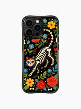 PhoneCasing iPhone 16 pro max Case with a full-body floral skeleton cat in a flower wreath border, surrounded by colorful folk blooms and tiny hearts, sugar skull folk art on black background, stylish iPhone 16 pro max casing.