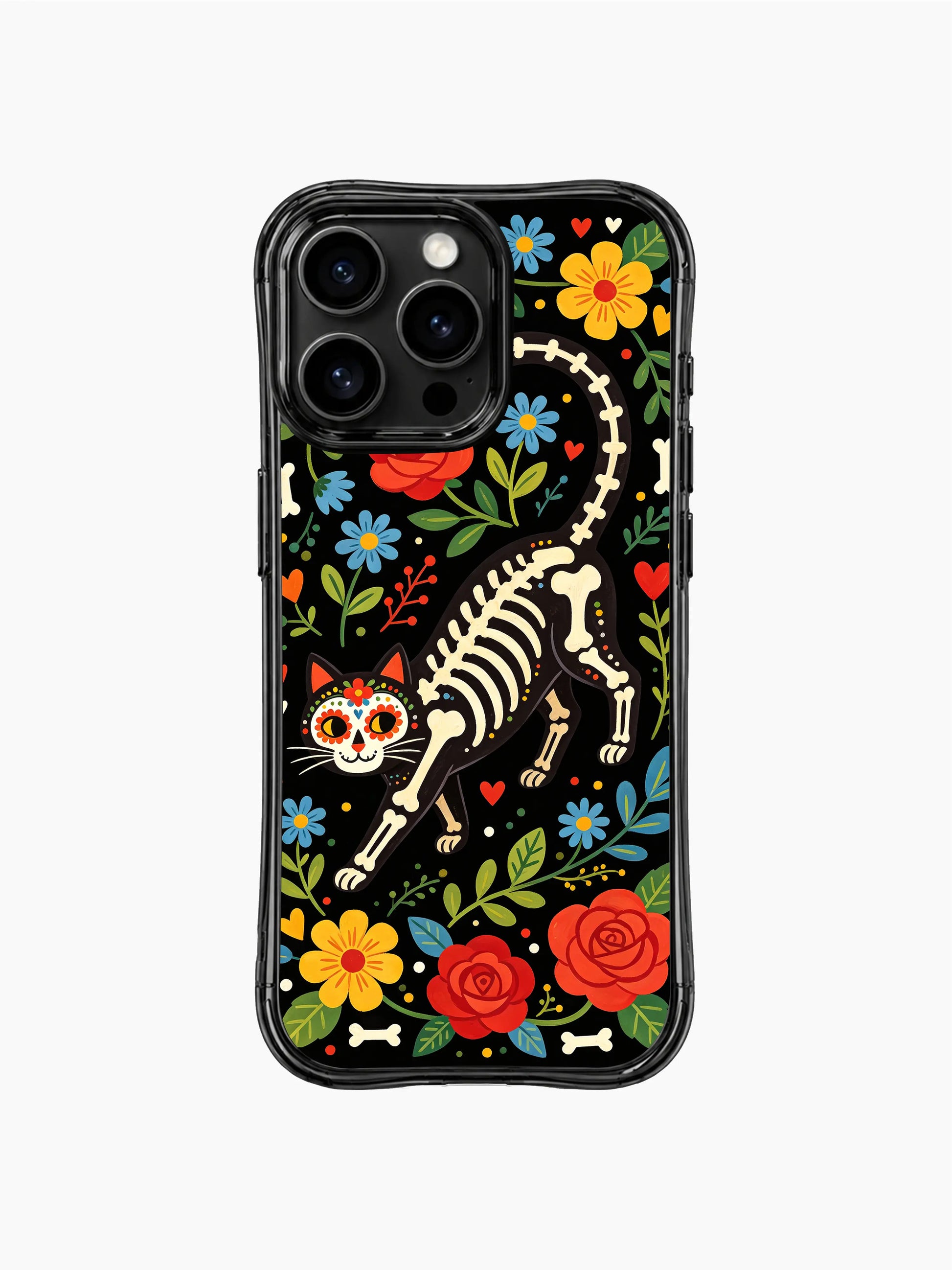 PhoneCasing iPhone 16 pro max Case with a full-body floral skeleton cat in a flower wreath border, surrounded by colorful folk blooms and tiny hearts, sugar skull folk art on black background, stylish iPhone 16 pro max casing.