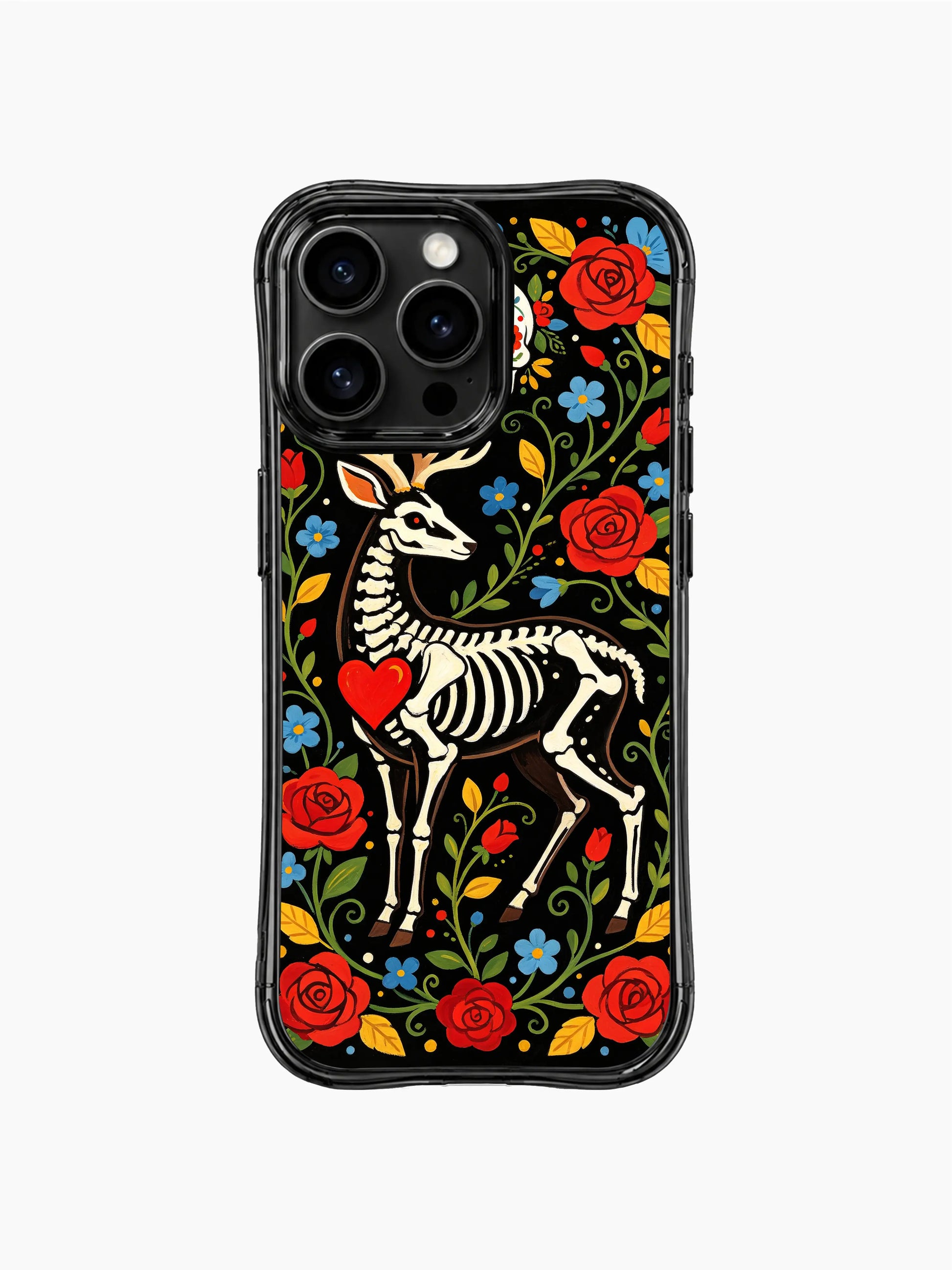PhoneCasing iPhone 16 pro max Case featuring a side-profile skeleton deer facing right, surrounded by vibrant folk flowers and leaves, whimsical Day of the Dead design on iPhone 16 pro max casing.
