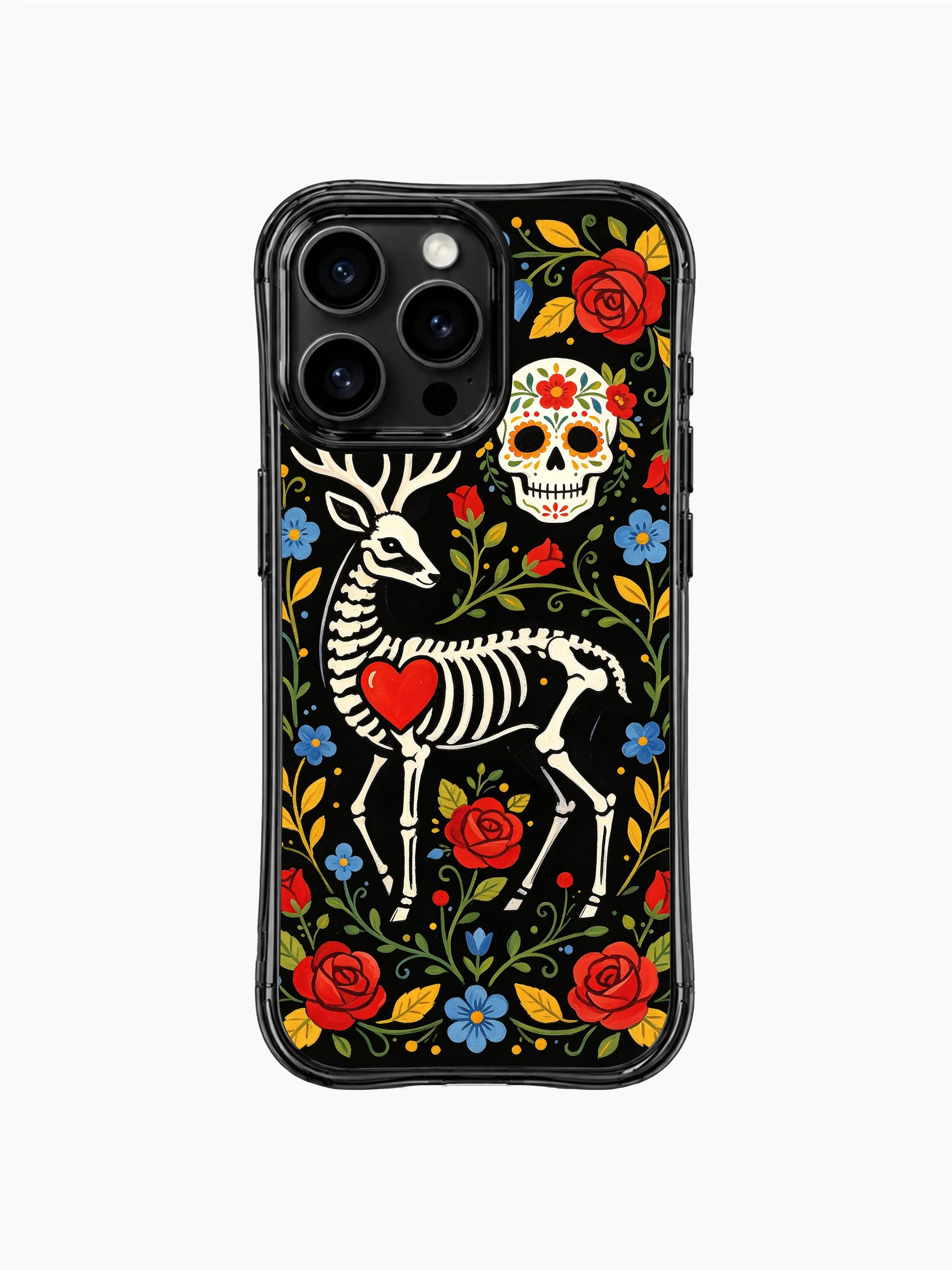 PhoneCasing iPhone 16 pro max Case featuring a skeleton deer on a solid black background, surrounded by red roses, yellow flowers and blue leaves, creating a bold folk art print on iPhone 16 pro max casing.