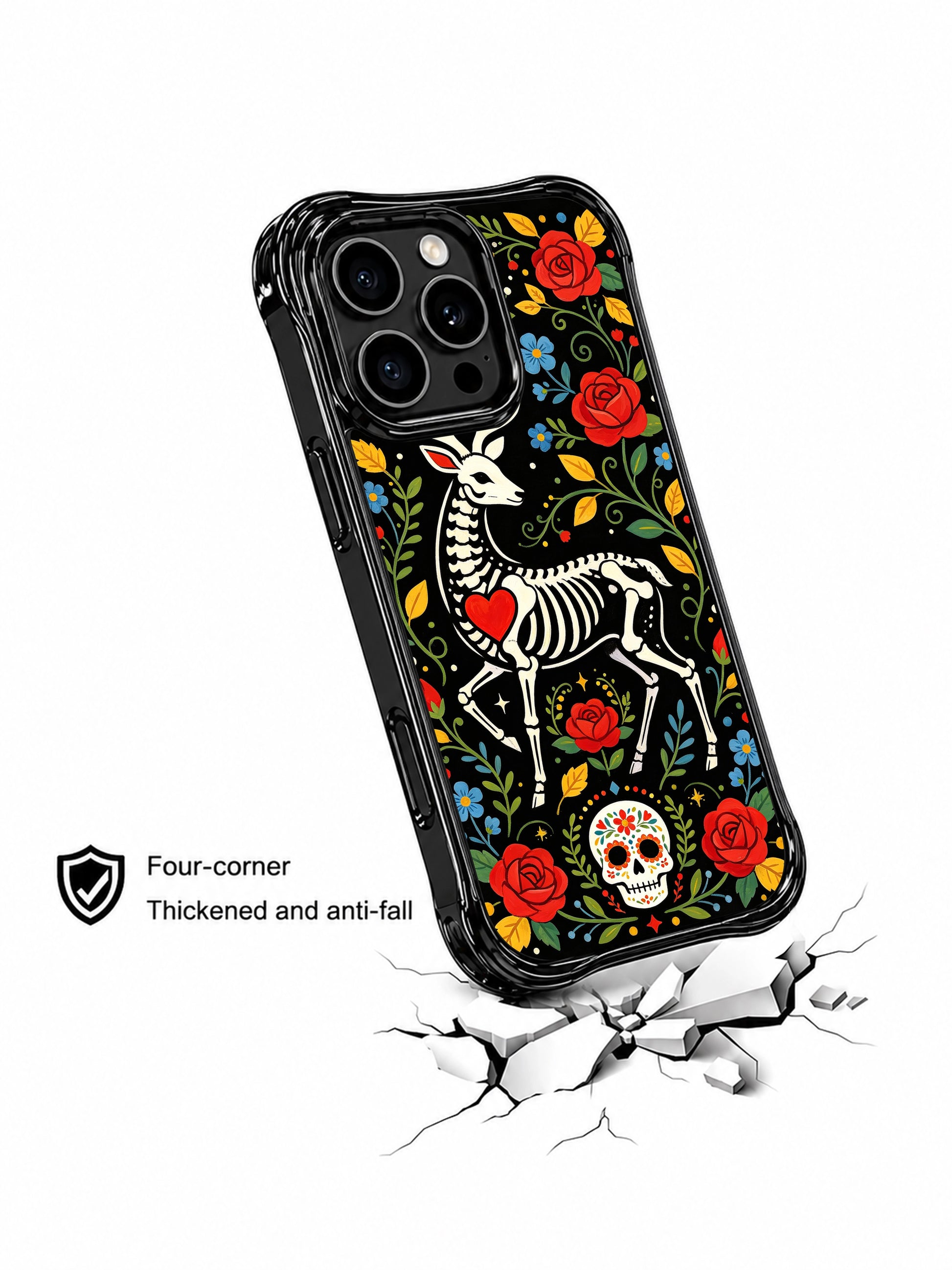 PhoneCasing iPhone 16 pro max Case with a skeleton deer and a decorative sugar skull, surrounded by red roses, blue flowers and yellow leaves, Day of the Dead inspired print on black iPhone 16 pro max casing.