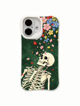PhoneCasing Skeleton Dream Wait skeleton iPhone 16 Case, multicolor falling petal symbolic artwork with lush corner wild flowers on deep green backdrop, UV-printed durable daily-use iPhone 16 casing