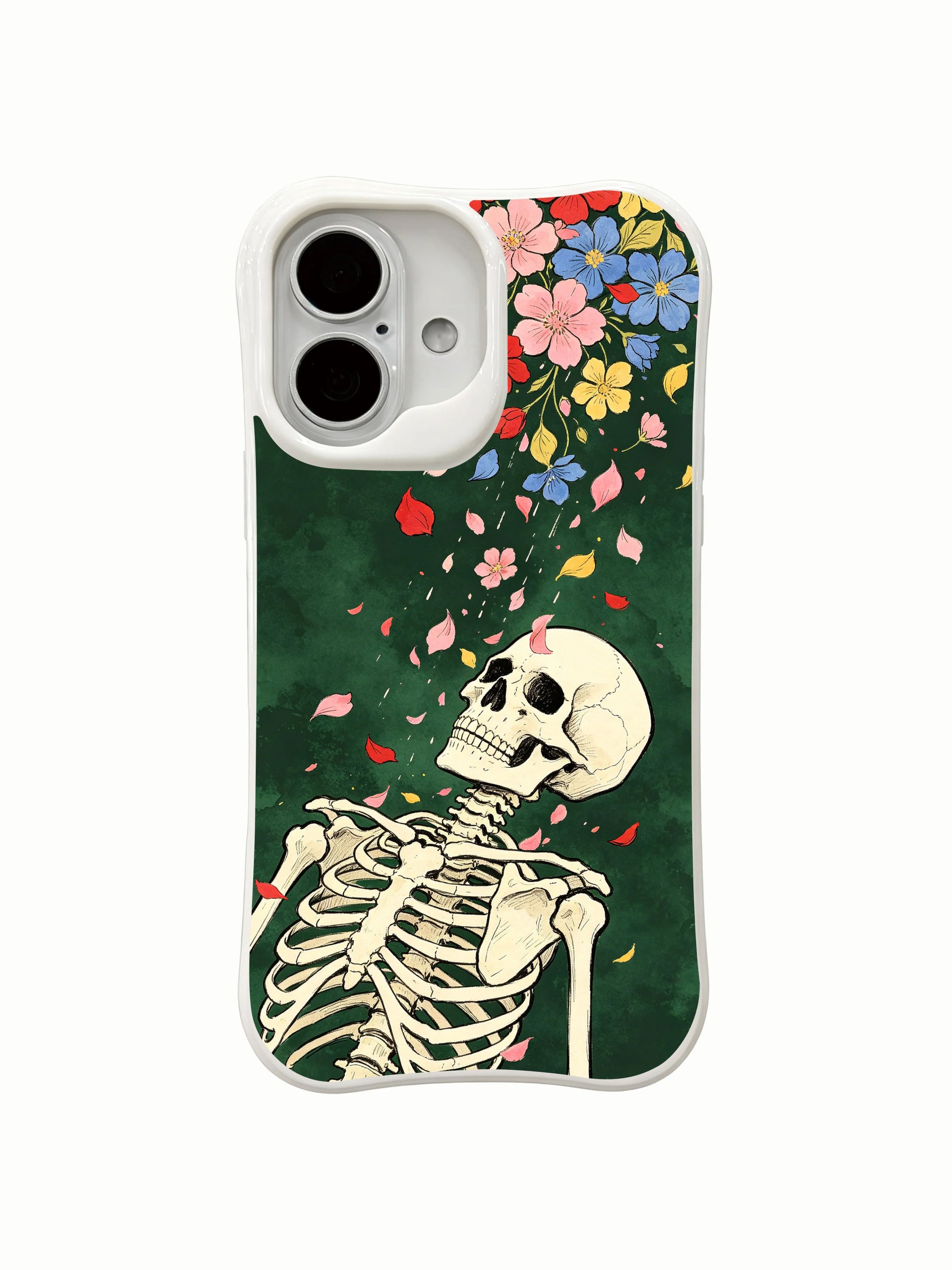 PhoneCasing Skeleton Dream Wait skeleton iPhone 16 Case, multicolor falling petal symbolic artwork with lush corner wild flowers on deep green backdrop, fade resistant durable daily-use iPhone 16 casing