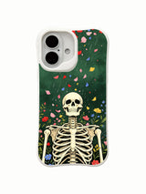 PhoneCasing Skeleton Flower Shower morbid botanical iPhone 16 Case, exclusive Morrigan Vale artwork with bare skeleton surrounded by cascading spring petals and wild blooms, UV-printed custom printed protective iPhone 16 cover