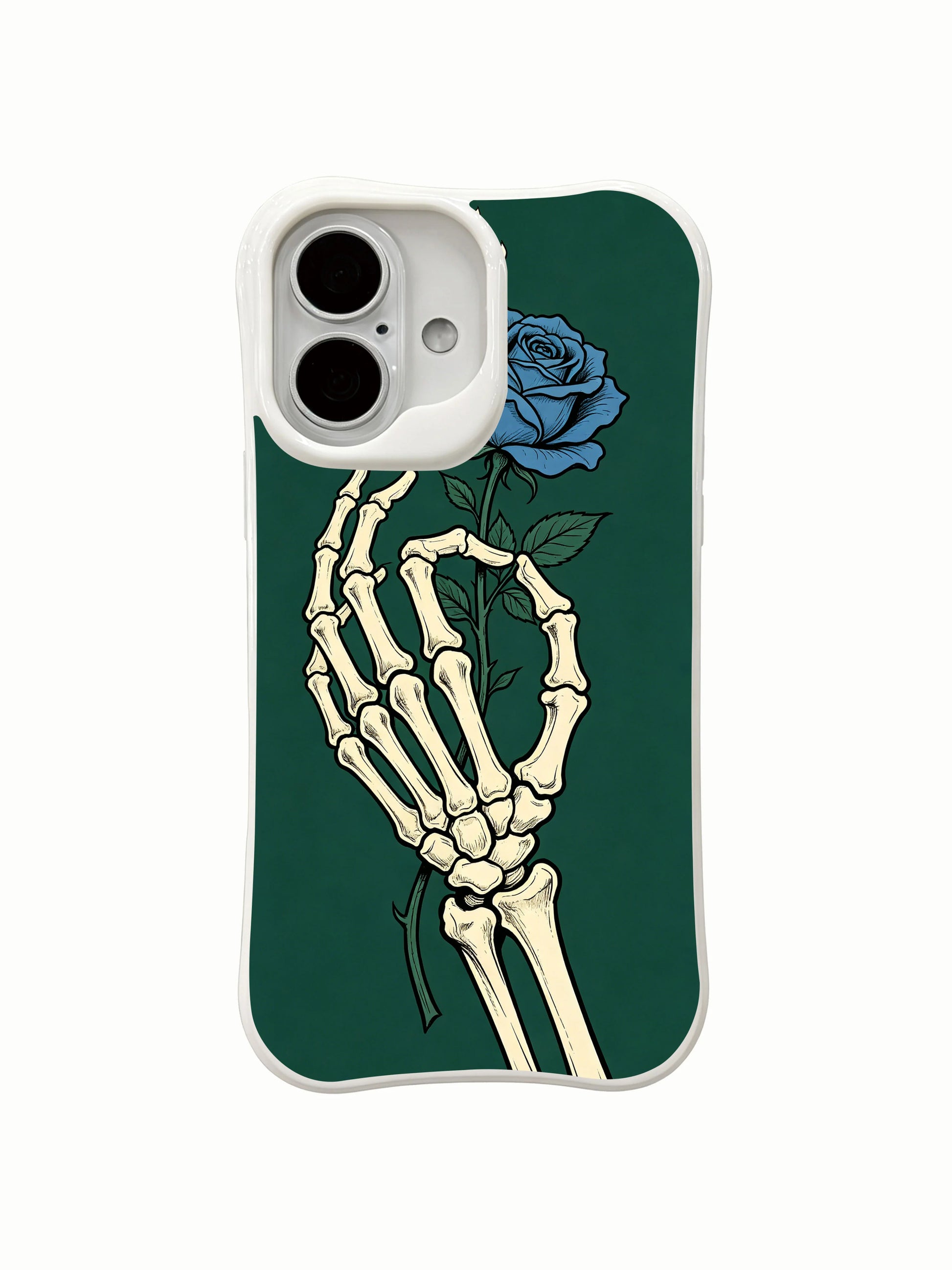 PhoneCasing Skeleton Forest Rose morbid botanical iPhone 16 Case, exclusive Morrigan Vale artwork with bare skeleton cradling rare woodland blue rose, fade proof custom printed protective iPhone 16 cover