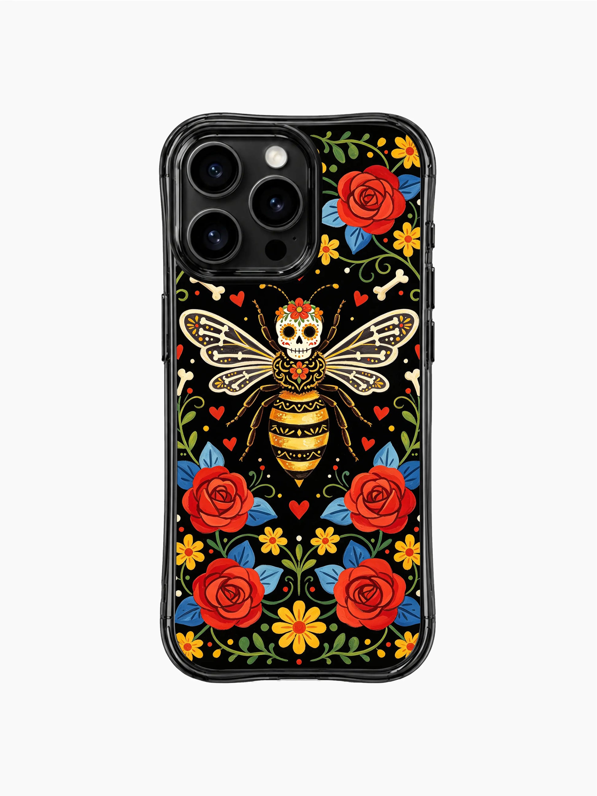PhoneCasing iPhone 16 pro max protective case featuring a skeleton honeybee artwork. Vibrant floral print with red roses and blue accents.