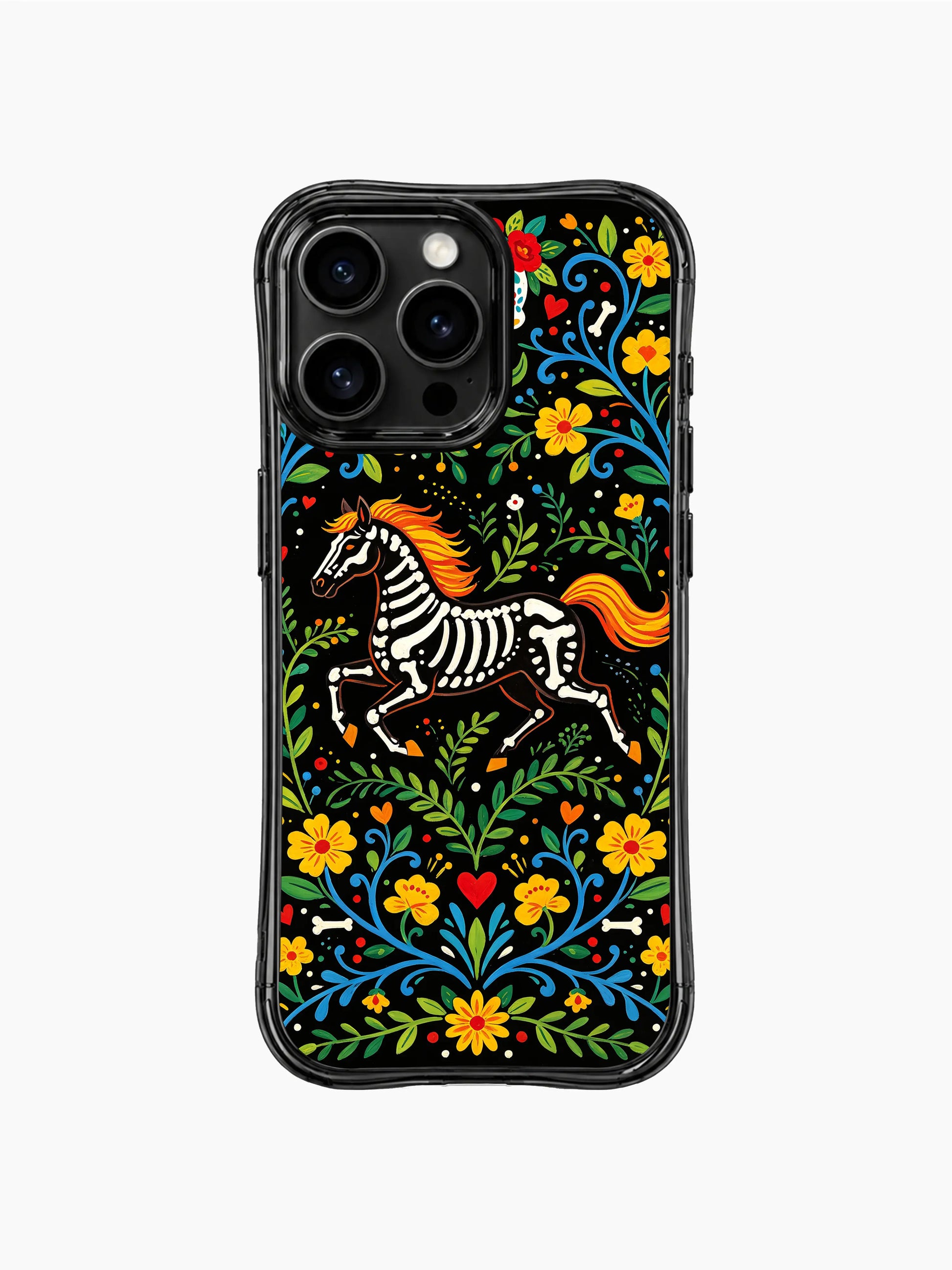 PhoneCasing iPhone 16 pro max Case featuring a skeleton horse facing left, showing its full skeleton form with orange mane, surrounded by flowers and leaves, whimsical Day of the Dead design on iPhone 16 pro max casing.