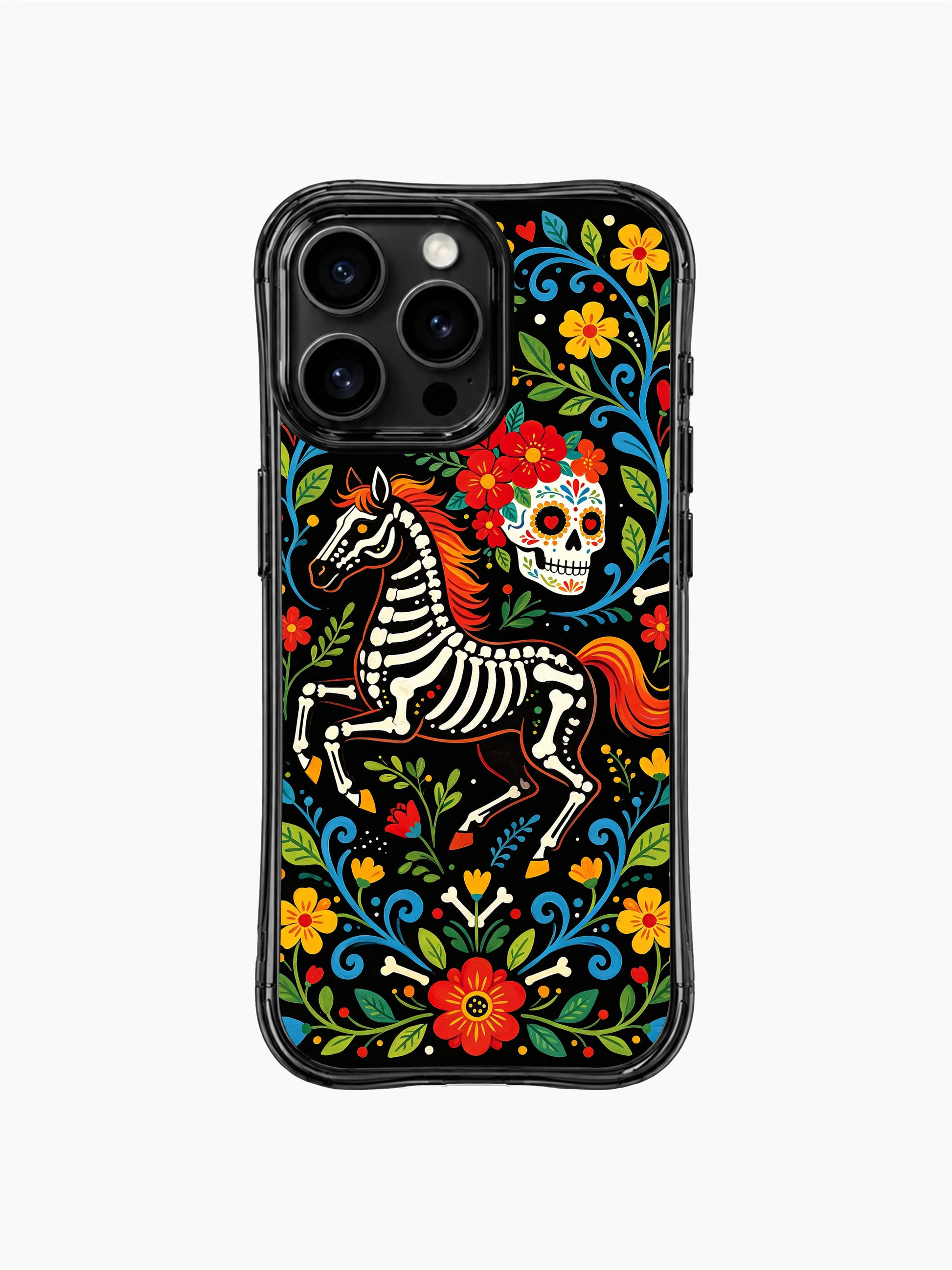PhoneCasing iPhone 16 pro max Case featuring a skeleton horse in full gallop pose, showing its dynamic movement with skeleton details, surrounded by flowers and leaves, folk art design for iPhone 16 pro max casing.