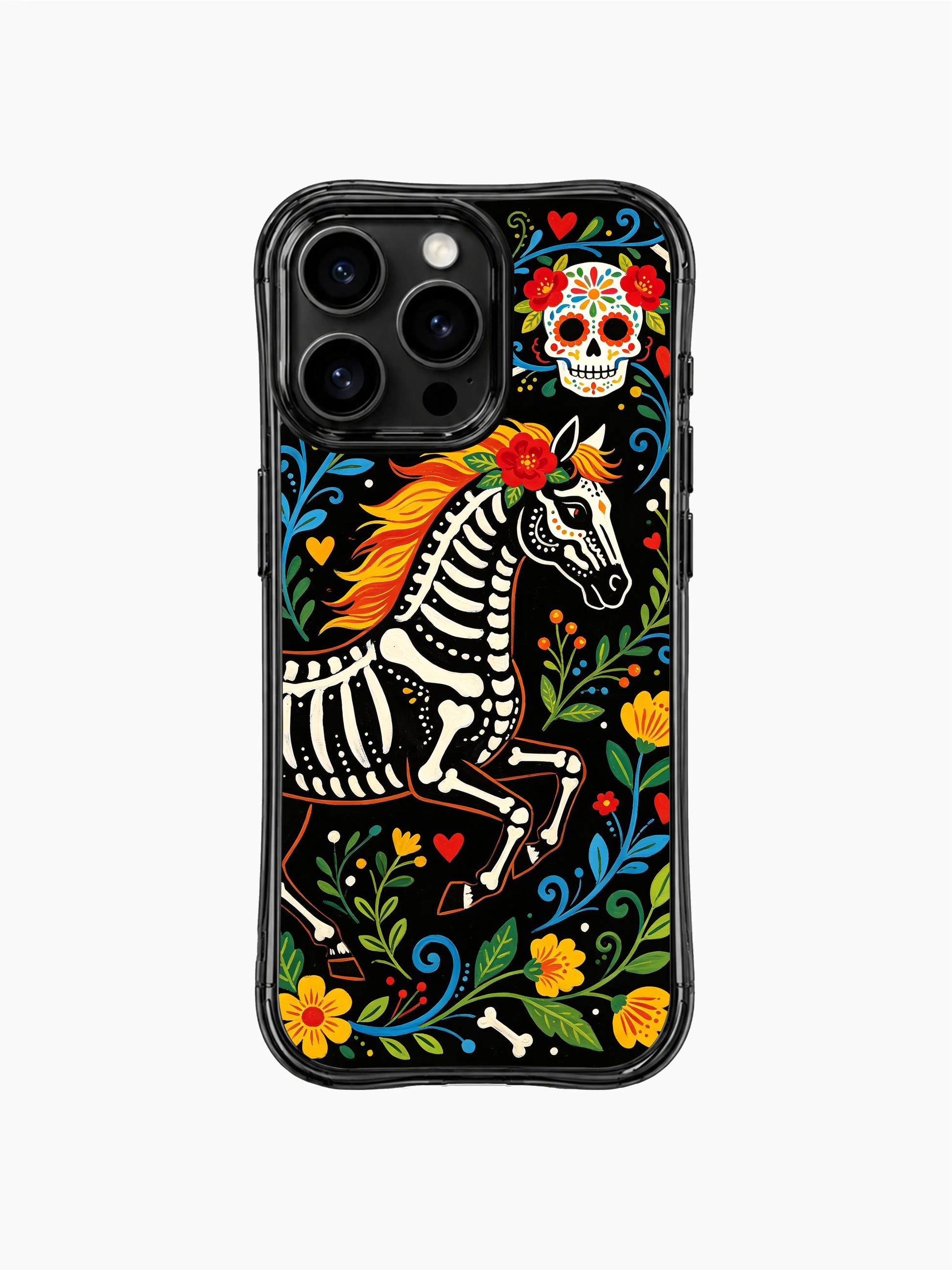 PhoneCasing iPhone 16 pro max Case with a skeleton horse surrounded by winding blue vines, yellow flowers and red hearts, whimsical folk print on black iPhone 16 pro max casing.