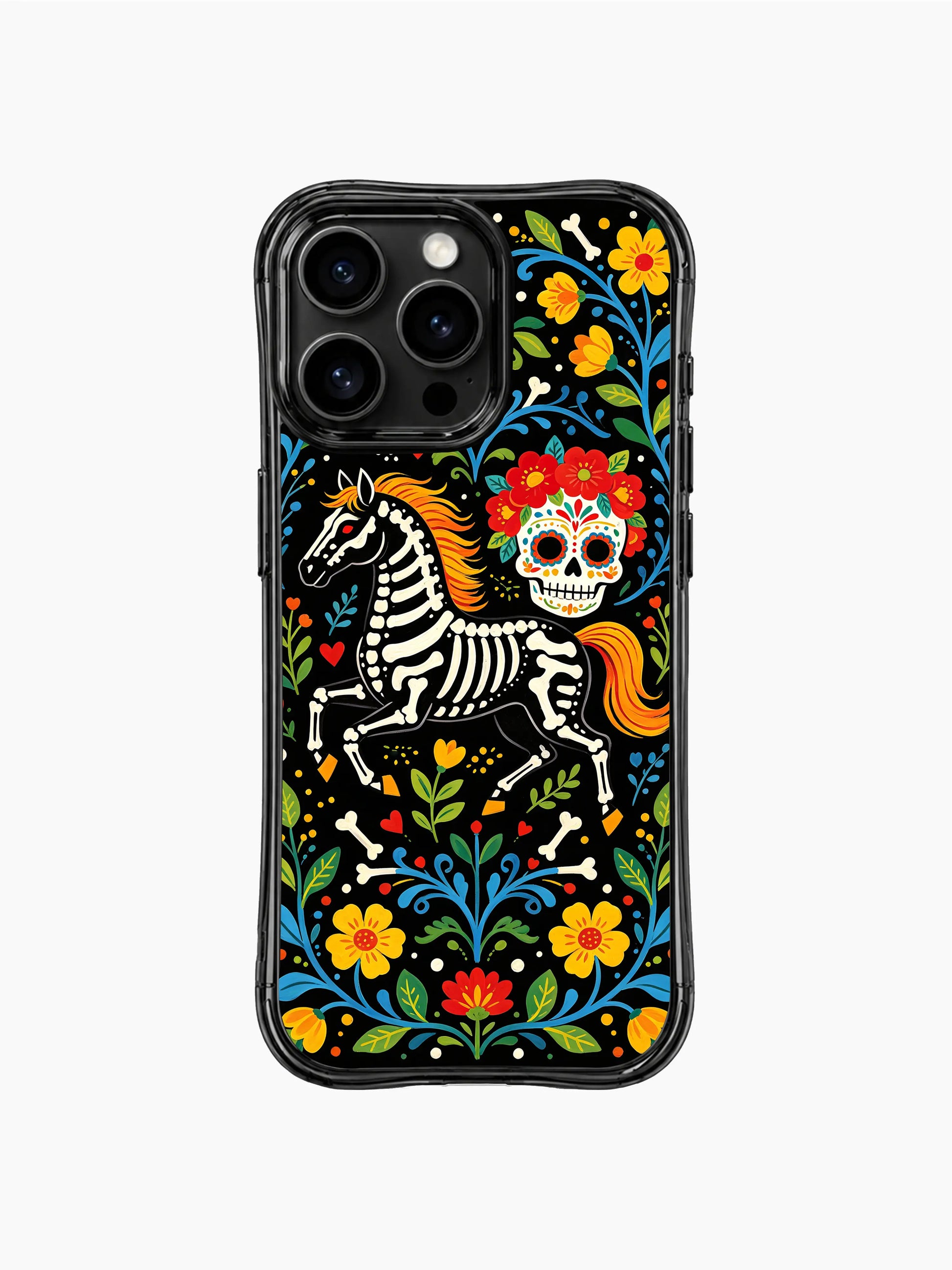 PhoneCasing iPhone 16 pro max Case with a skeleton horse surrounded by small white bone accents and colorful flowers, set against a black background with blue vines, whimsical folk design on iPhone 16 pro max casing.