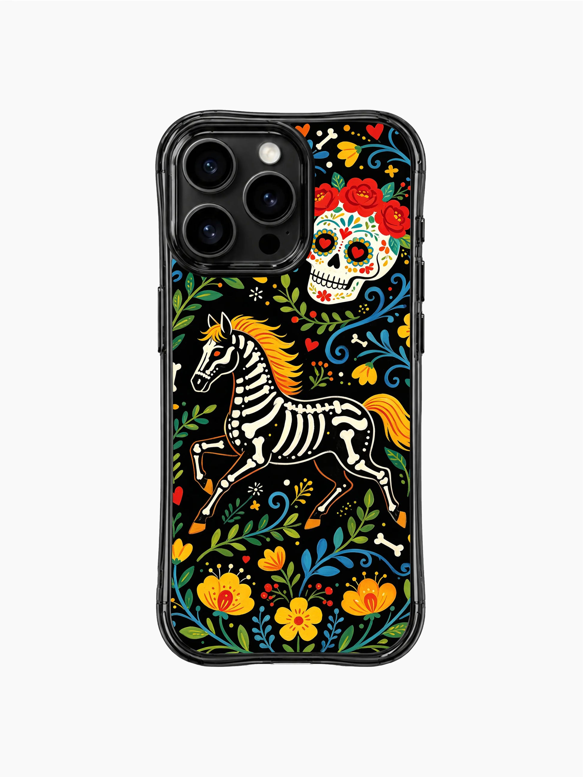 PhoneCasing iPhone 16 pro max Case featuring a skeleton horse with bright orange mane and tail, surrounded by yellow flowers and green foliage, folk art design for iPhone 16 pro max casing.