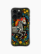 PhoneCasing iPhone 16 pro max Case featuring a skeleton horse with flowing orange tail and mane, surrounded by red flowers and green leaves, whimsical folk design for iPhone 16 pro max casing.