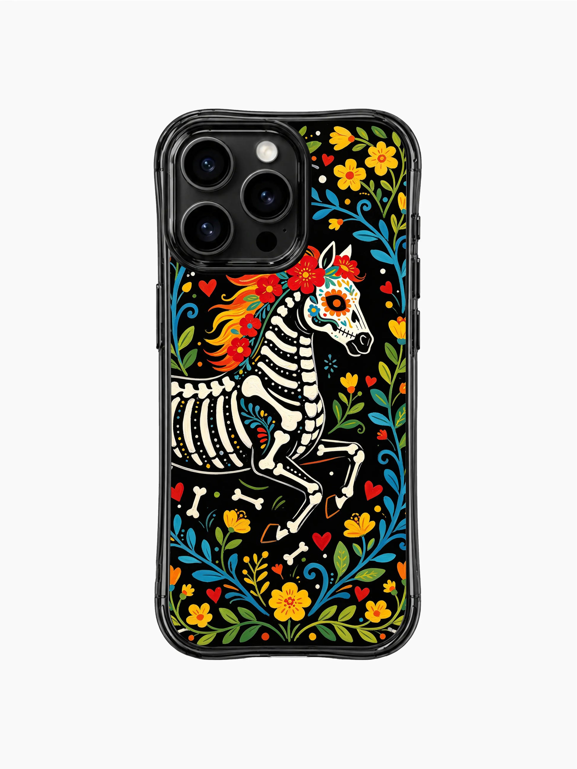PhoneCasing iPhone 16 pro max Case featuring a skeleton horse with flowing orange tail and mane, surrounded by red flowers and green leaves, whimsical folk design for iPhone 16 pro max casing.
