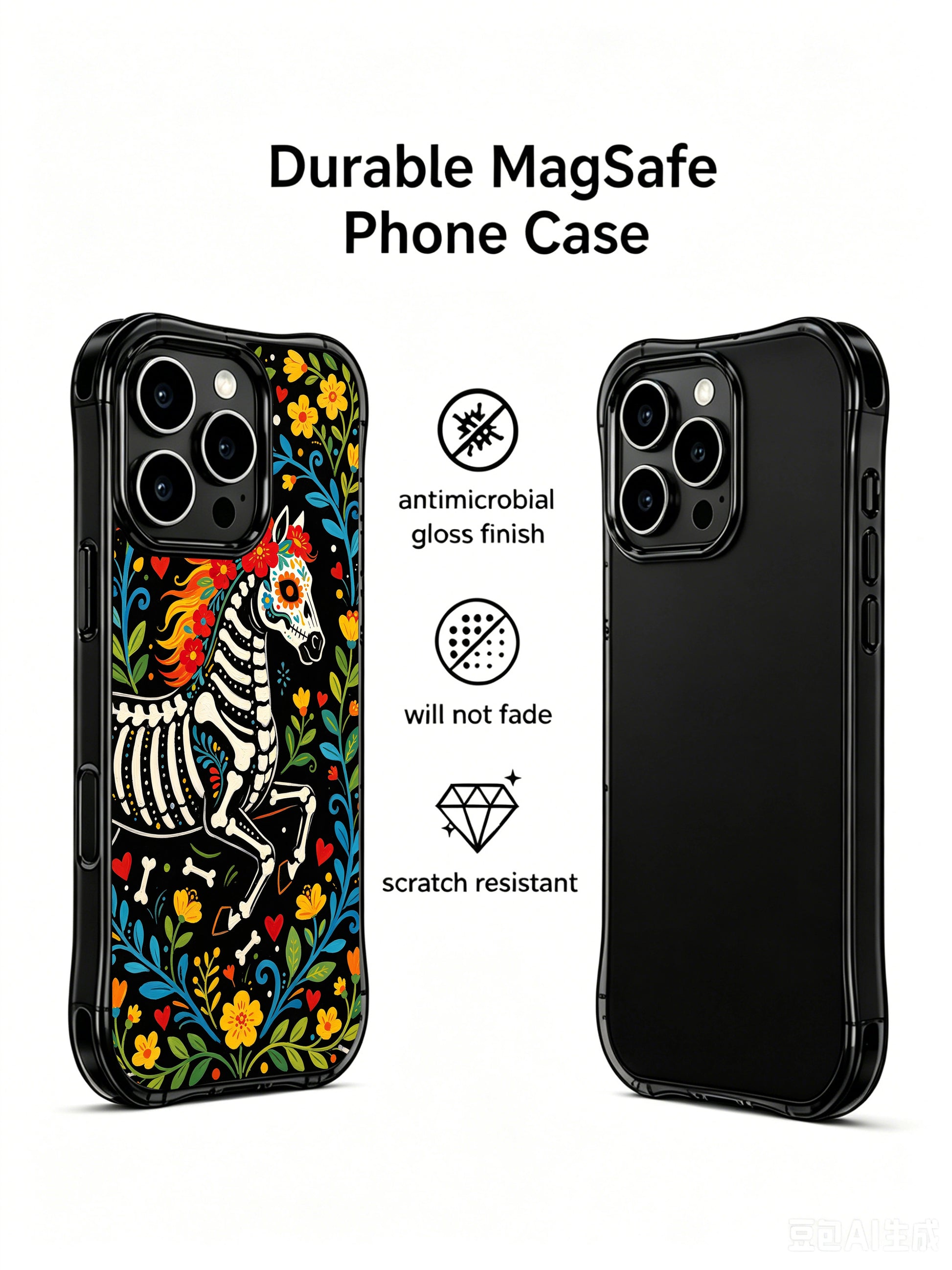 PhoneCasing iPhone 16 pro max Case featuring a skeleton horse with orange mane, surrounded by yellow flowers, blue vines and small bone details, whimsical folk design for iPhone 16 pro max casing.