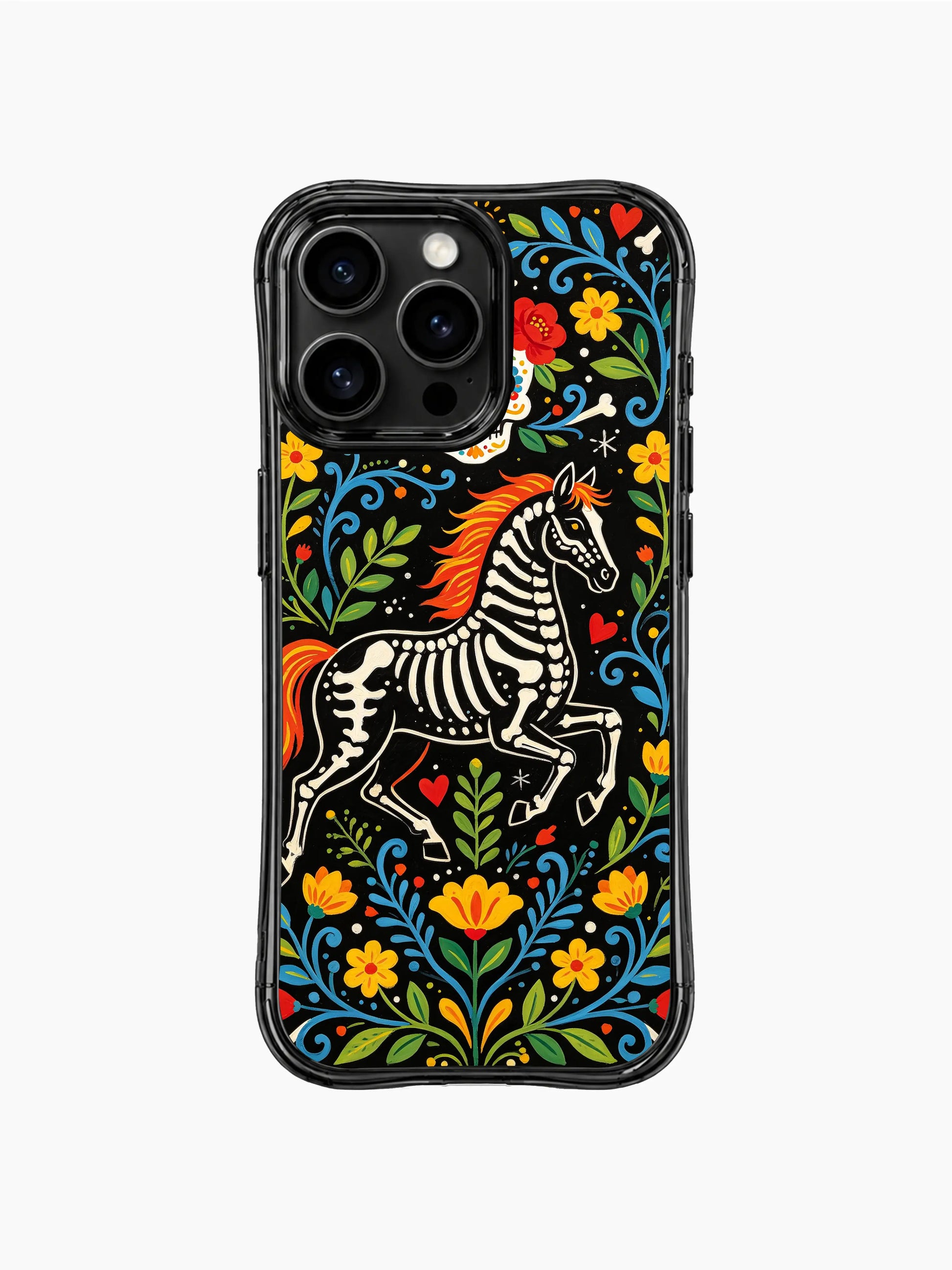 PhoneCasing iPhone 16 pro max Case featuring a galloping skeleton horse with red hearts scattered around, surrounded by yellow flowers and blue vines, folk art pattern on iPhone 16 pro max casing.