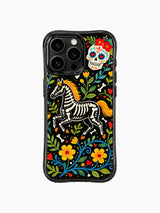 PhoneCasing iPhone 16 pro max Case with a skeleton horse and a sugar skull adorned with red flowers, surrounded by colorful blooms and green leaves, whimsical Day of the Dead print on black iPhone 16 pro max casing.