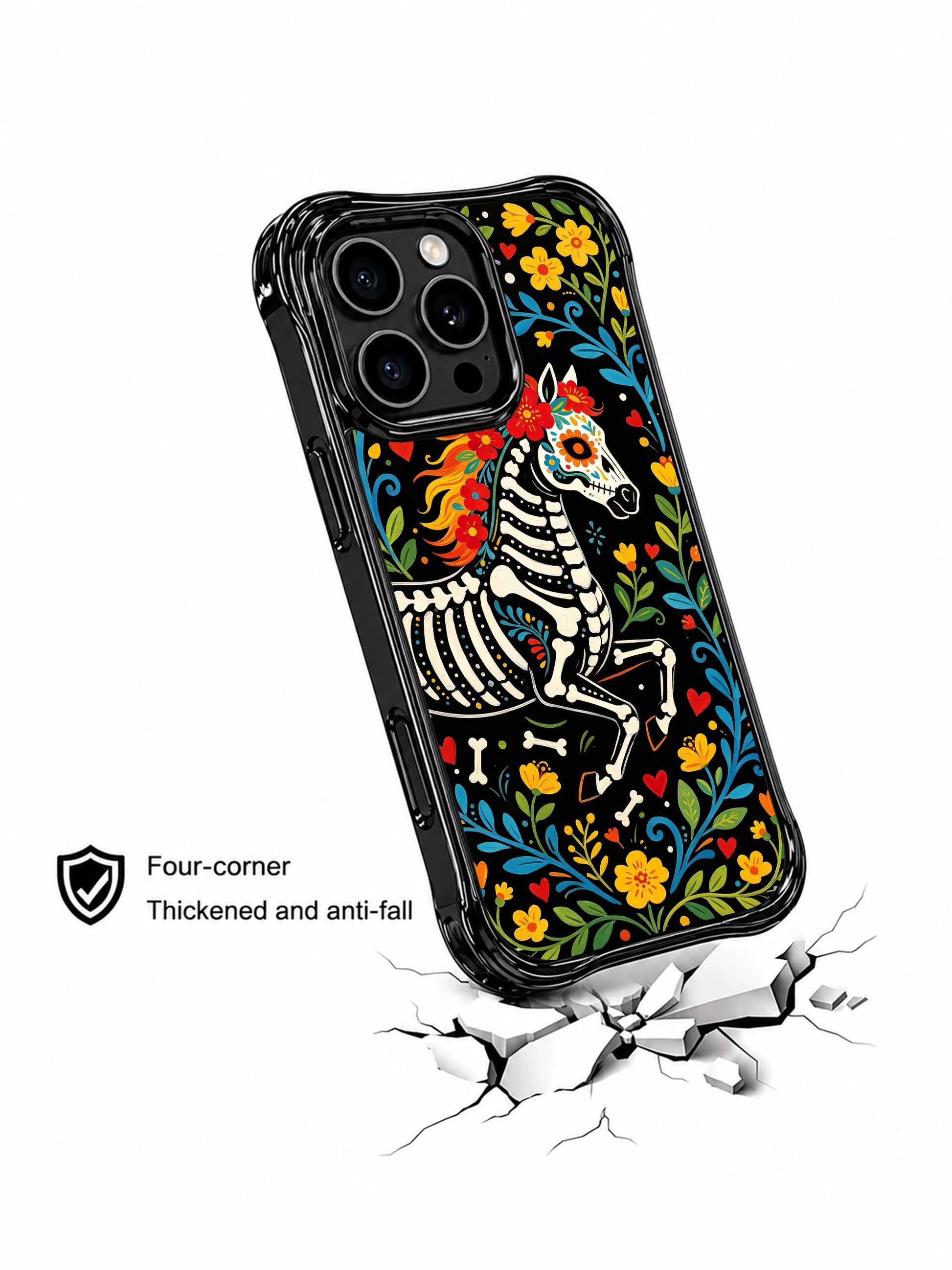 PhoneCasing iPhone 16 pro max Case with a skeleton horse in mid-gallop and a sugar skull decorated with red roses, set against a black background with colorful blooms, folk art pattern on black iPhone 16 pro max casing.