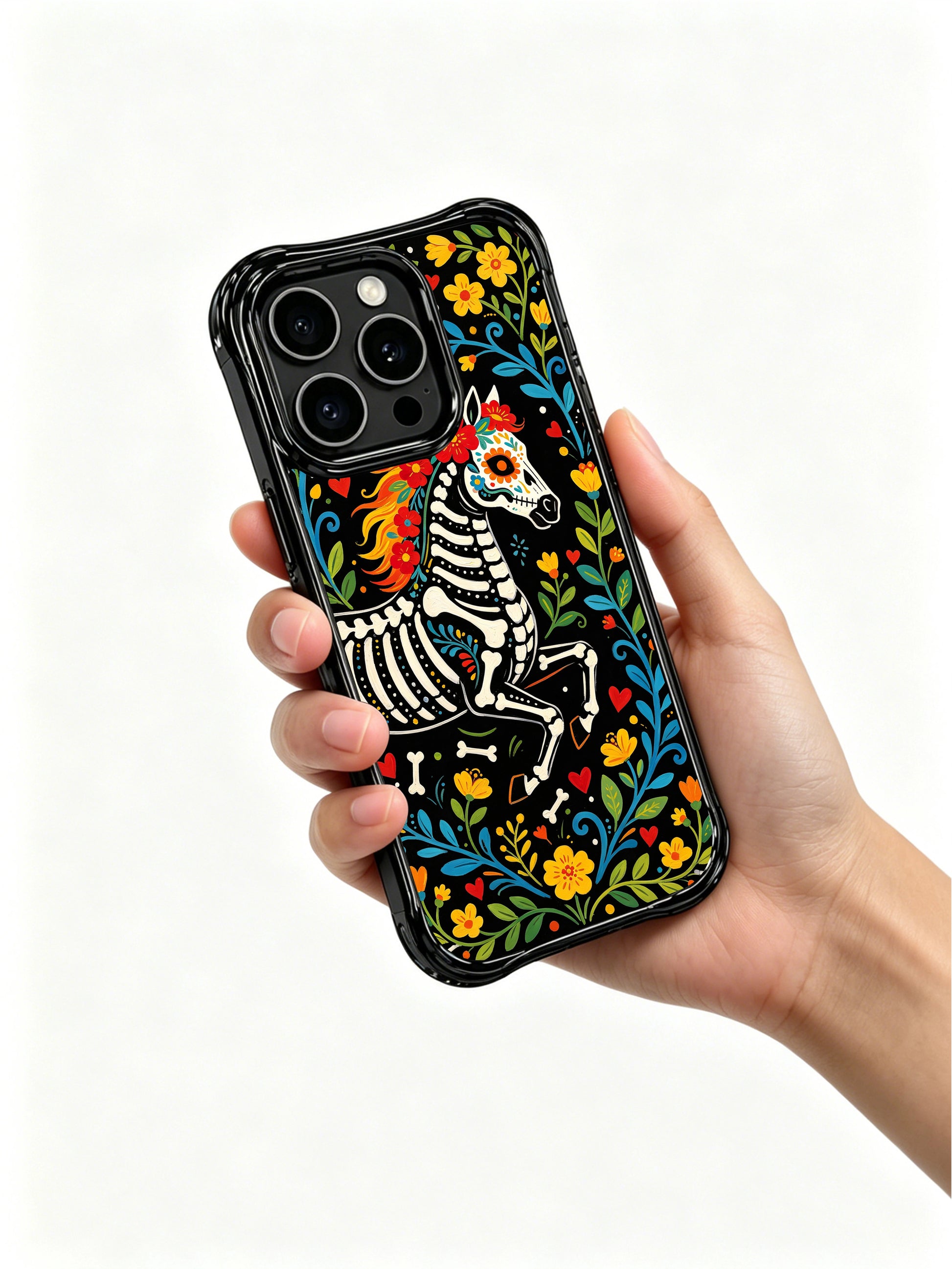 PhoneCasing iPhone 16 pro max Case featuring a skeleton horse surrounded by a symmetrical border of yellow flowers and blue vines, balanced folk art design for iPhone 16 pro max casing.