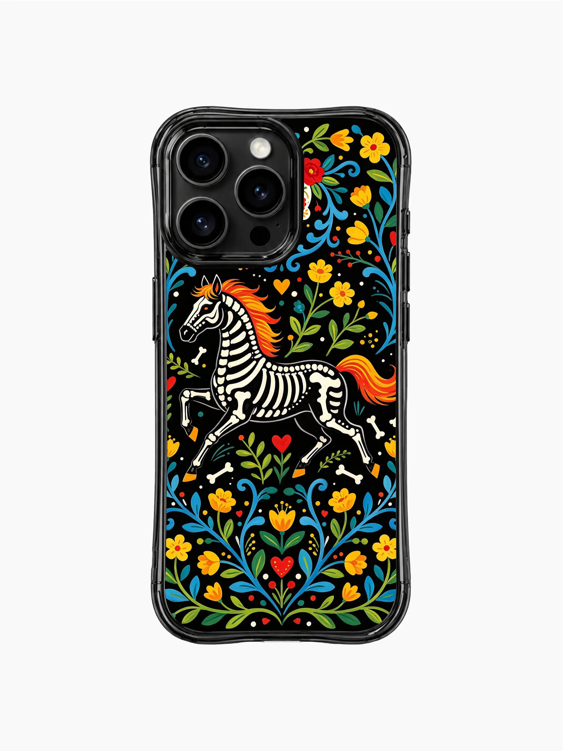 PhoneCasing iPhone 16 pro max Case with a skeleton horse framed by a border of bright yellow flowers and blue vines, creating a vibrant folk art print on iPhone 16 pro max casing.