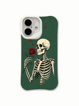 PhoneCasing Skeleton Love Epistle skeleton iPhone 16 Case, single red rose symbolic artwork with floating petals on deep green backdrop, UV-printed durable daily-use iPhone 16 casing