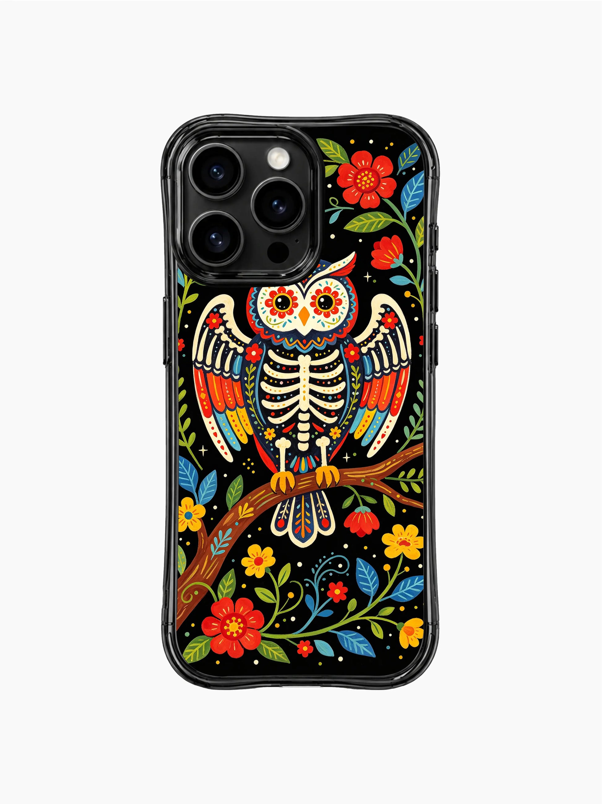 PhoneCasing iPhone 16 pro max Case featuring a skeleton owl perched on a brightly colored branch, surrounded by folk flowers in red, yellow and blue, creating a lively folk art design for iPhone 16 pro max casing.