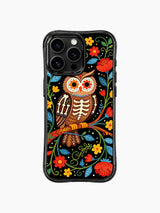 PhoneCasing iPhone 16 pro max Case with a skeleton owl surrounded by traditional folk art flowers and leaves in bright colors, creating a festive Day of the Dead look on black iPhone 16 pro max casing.