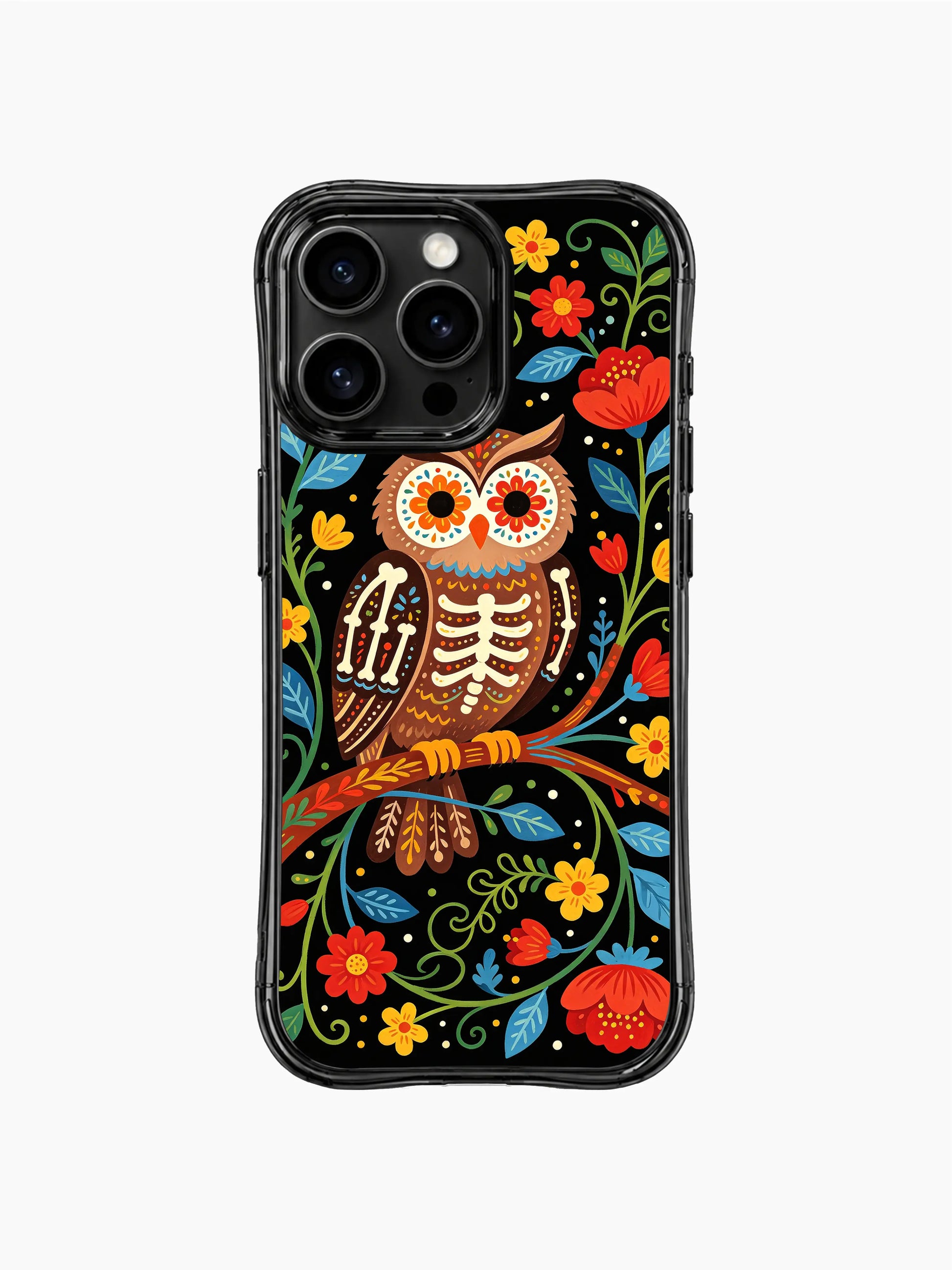 PhoneCasing iPhone 16 pro max Case with a skeleton owl surrounded by traditional folk art flowers and leaves in bright colors, creating a festive Day of the Dead look on black iPhone 16 pro max casing.