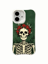 Skeleton with red berry crown and botanical details on an iPhone 16 case