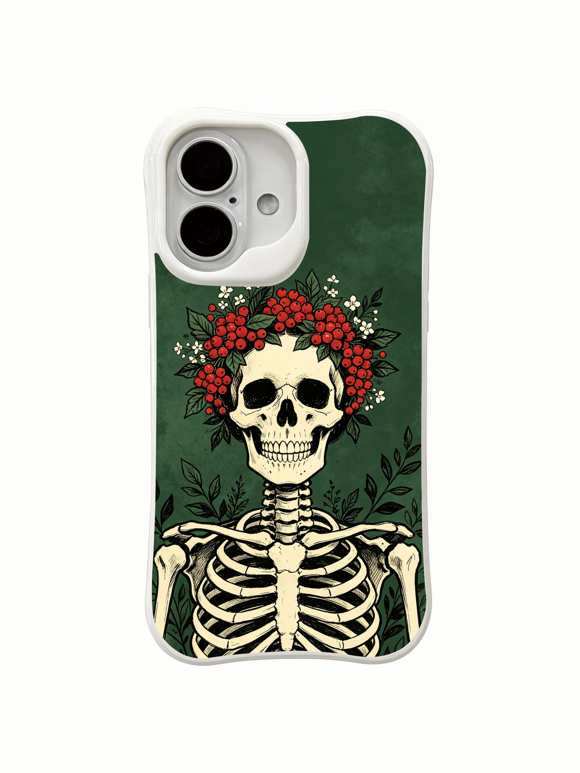 PhoneCasing Skeleton Red Berry Crown morbid botanical iPhone 16 Case, exclusive Morrigan Vale artwork with regal skeleton crowned by woodland red berries, fade proof custom printed protective iPhone 16 cover