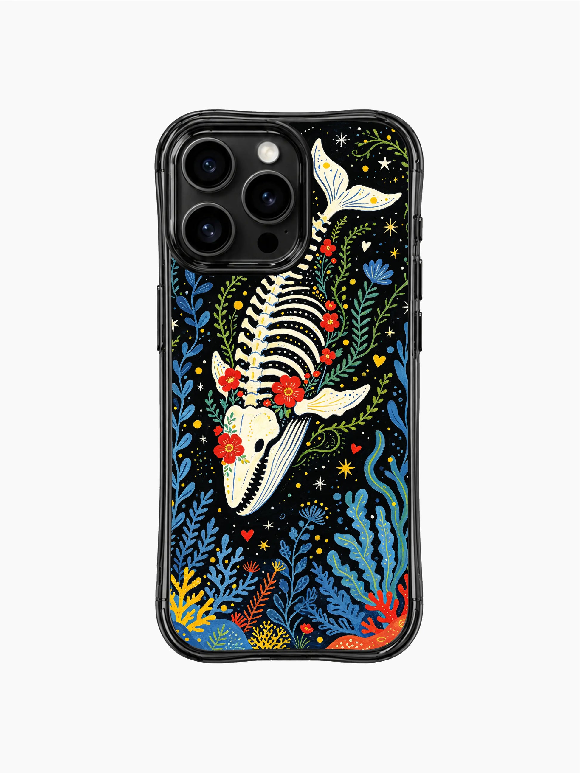PhoneCasing iPhone 16 pro max protective case featuring a skeleton sea whale artwork. Vibrant floral print with red flowers and blue accents.