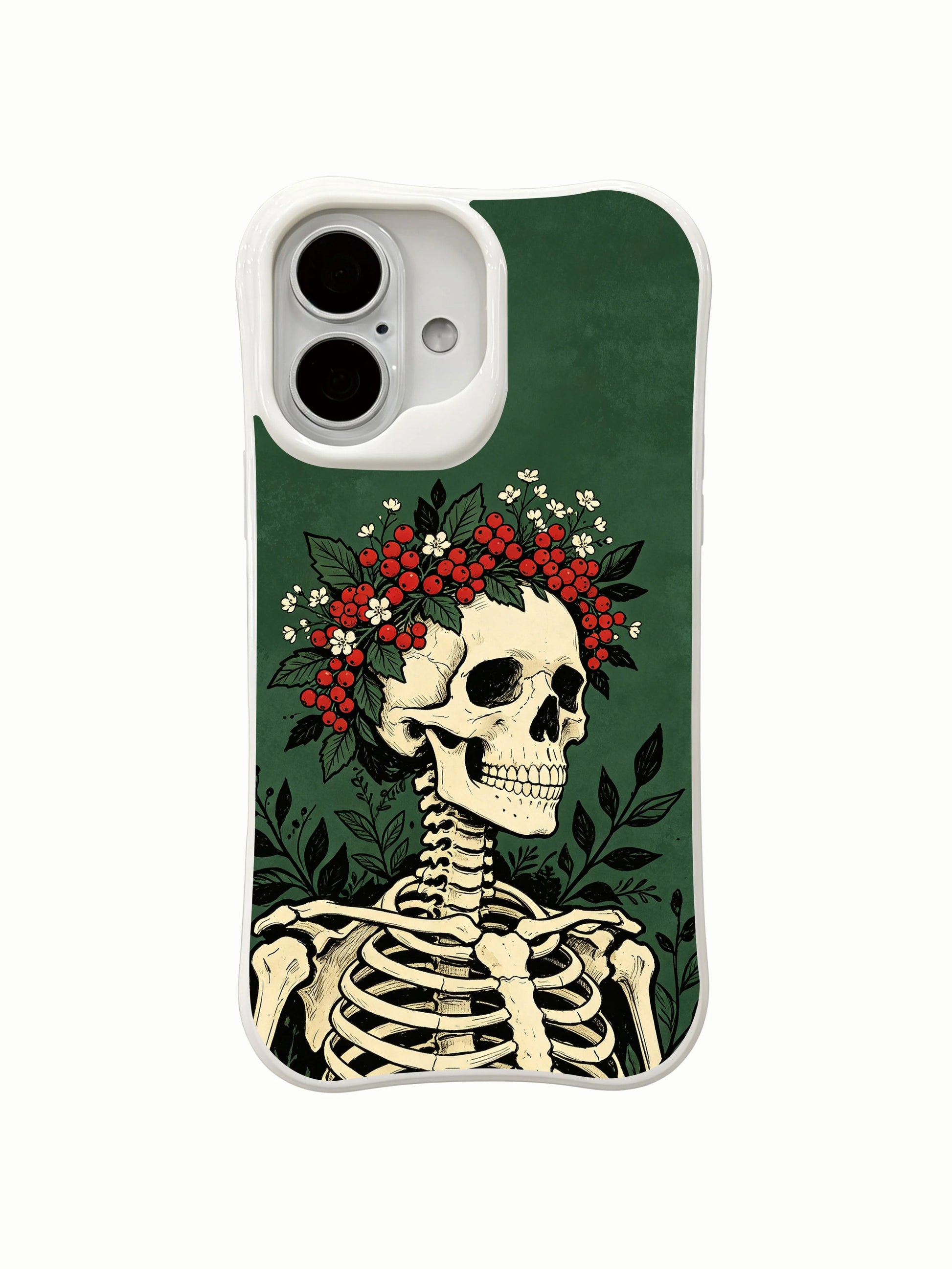 PhoneCasing Skeleton Self Crowned Dignity skeleton iPhone 16 Case, symbolic goth artwork with red berry wreath forming natural royal crown on deep green backdrop, fade resistant durable daily-use iPhone 16 casing