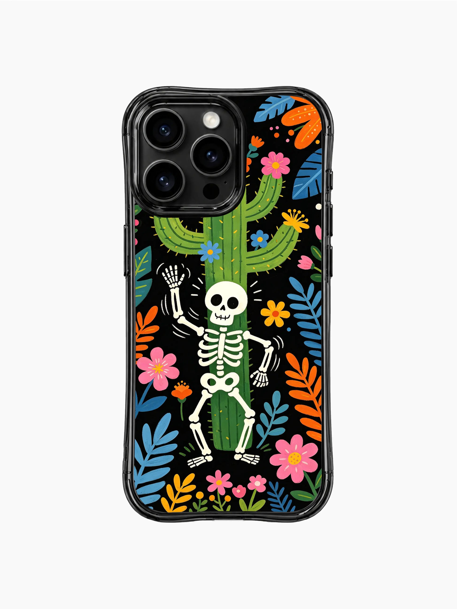 PhoneCasing iPhone 16 pro max Case with a cheerful dancing skeleton smiling in the center, surrounded by blooming cactus and vibrant flowers, folk art print on black base, durable everyday iPhone 16 pro max casing.