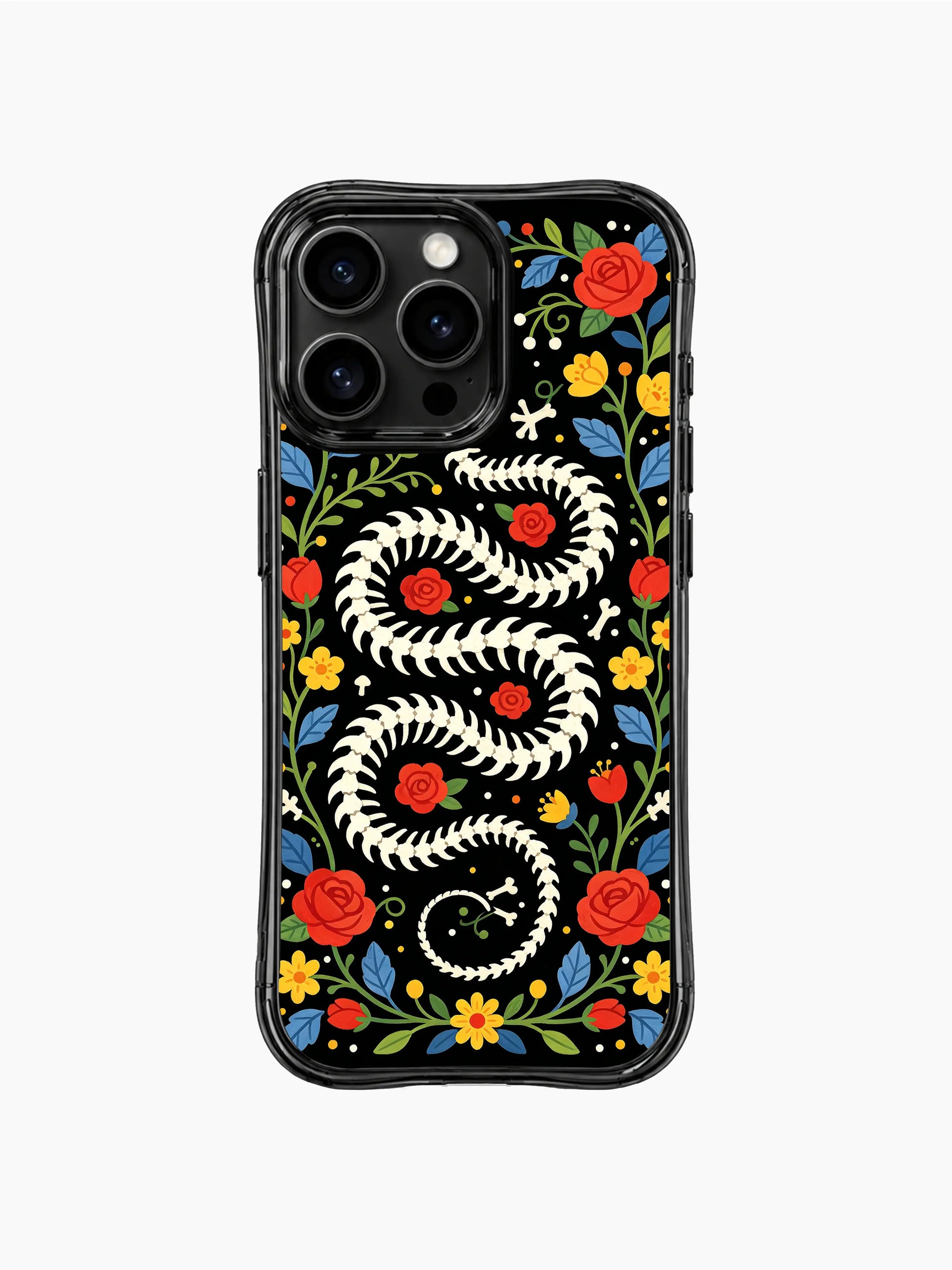 PhoneCasing iPhone 16 pro max Case with a bone snake skeleton coiled into a wreath, accented with small crossbones and surrounded by colorful folk flowers and leaves, whimsical folk print on black iPhone 16 pro max casing.