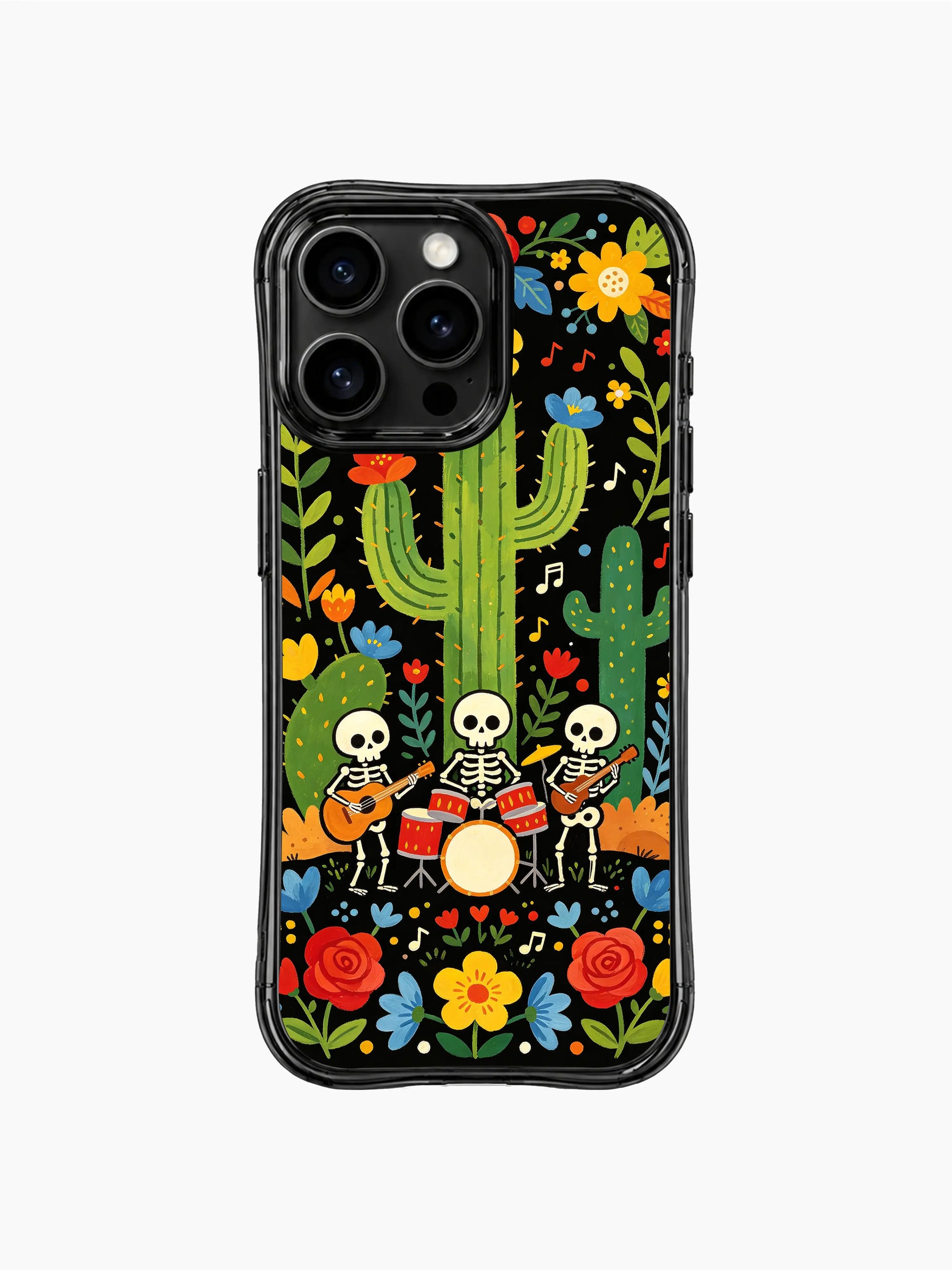 PhoneCasing iPhone 16 pro max Case with a skeleton trio playing drums and guitars in a garden bordered by red roses, surrounded by blooming cacti and colorful daisies, folk art print by Estrella Nocturna, scratch-resistant iPhone 16 pro max casing.