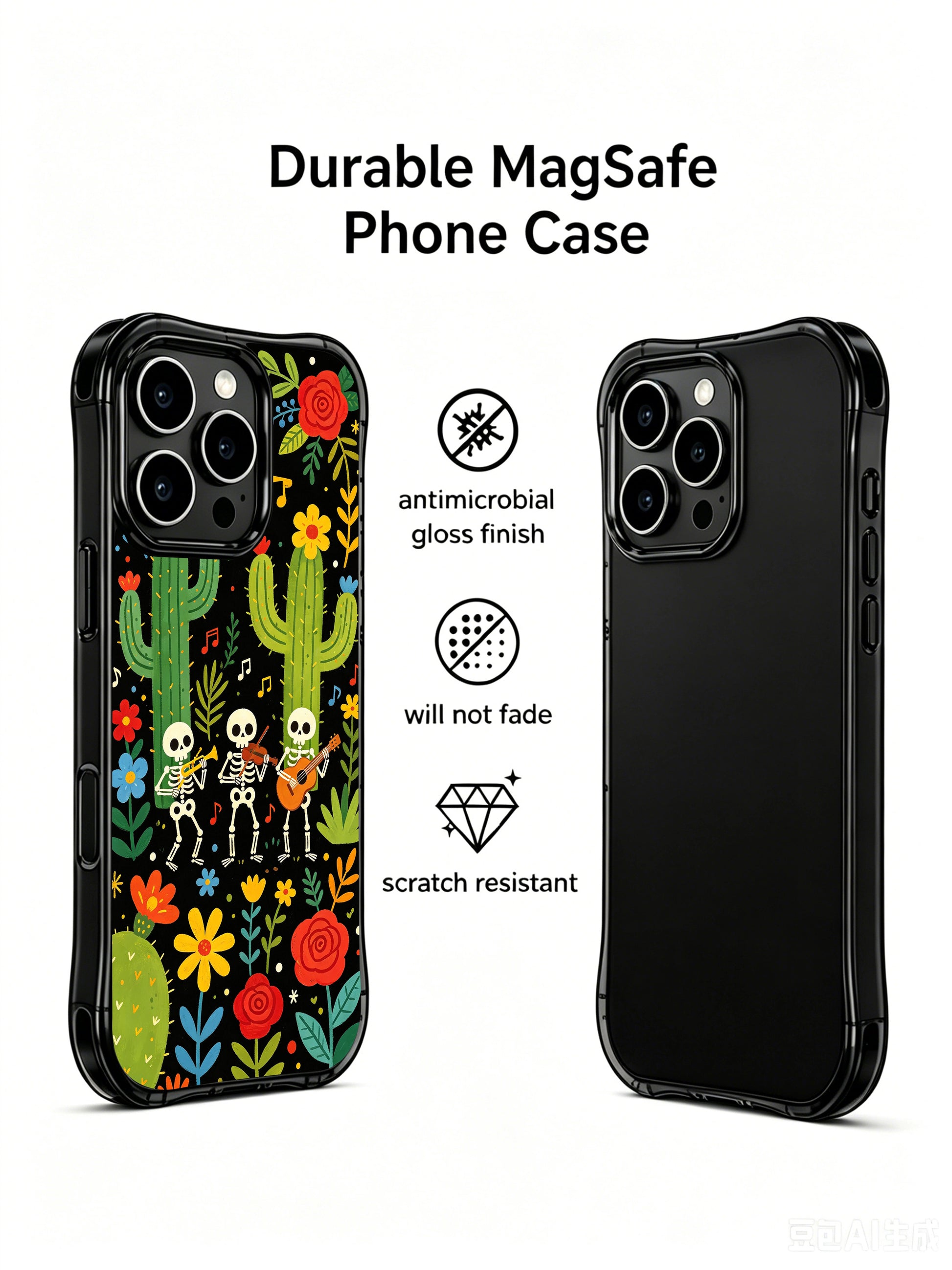 PhoneCasing iPhone 16 pro max Case featuring a skeleton trio with a drummer, guitarist and ukulele player in a desert garden, surrounded by cacti and vibrant flowers, folk art print by Estrella Nocturna, long-lasting vivid iPhone 16 pro max casing.