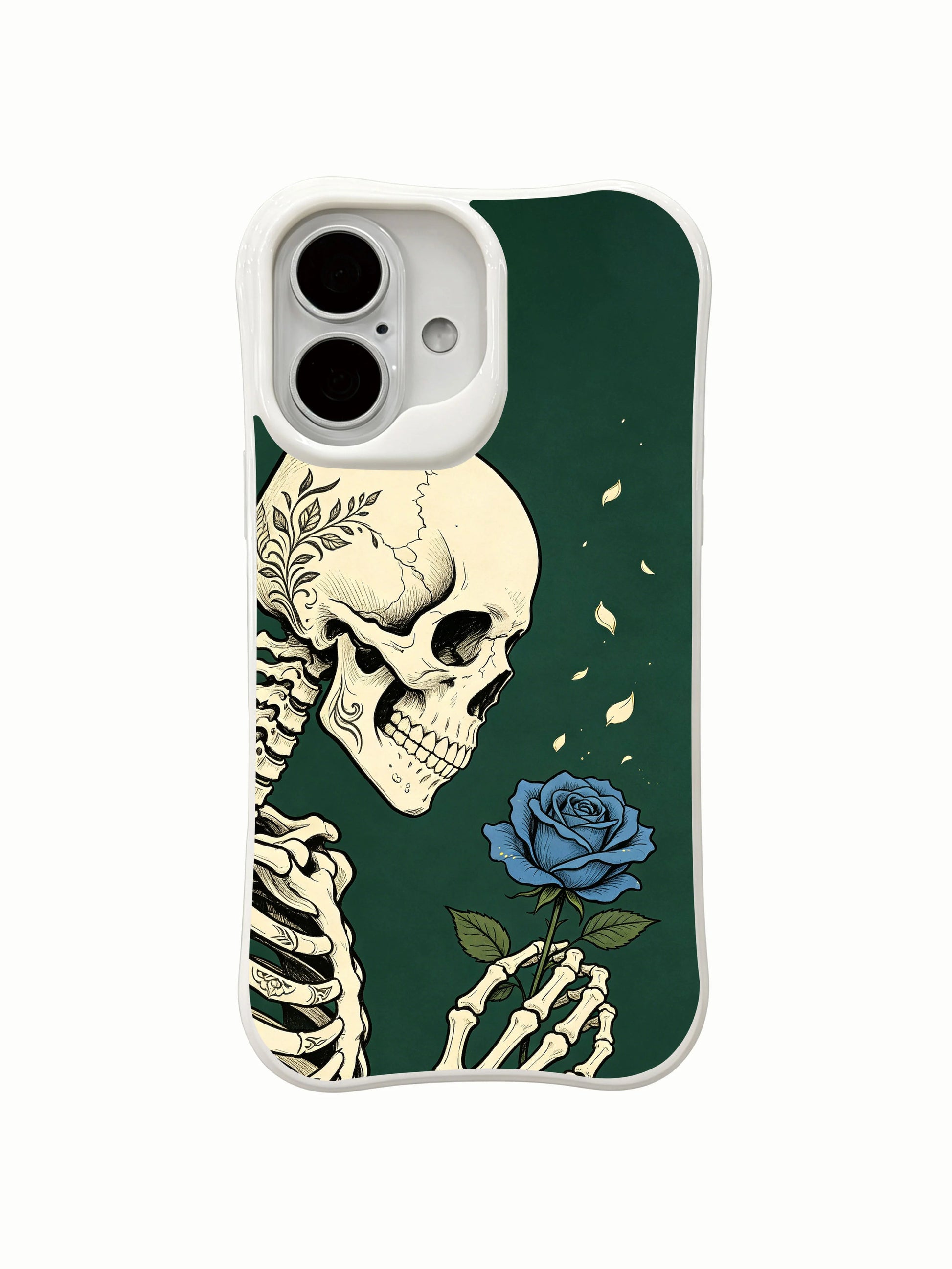 PhoneCasing Skeleton Unspoken Dream skeleton iPhone 16 Case, symbolic artwork with forest blue rose blooming from empty bony palm on deep green backdrop, fade resistant durable daily-use iPhone 16 casing