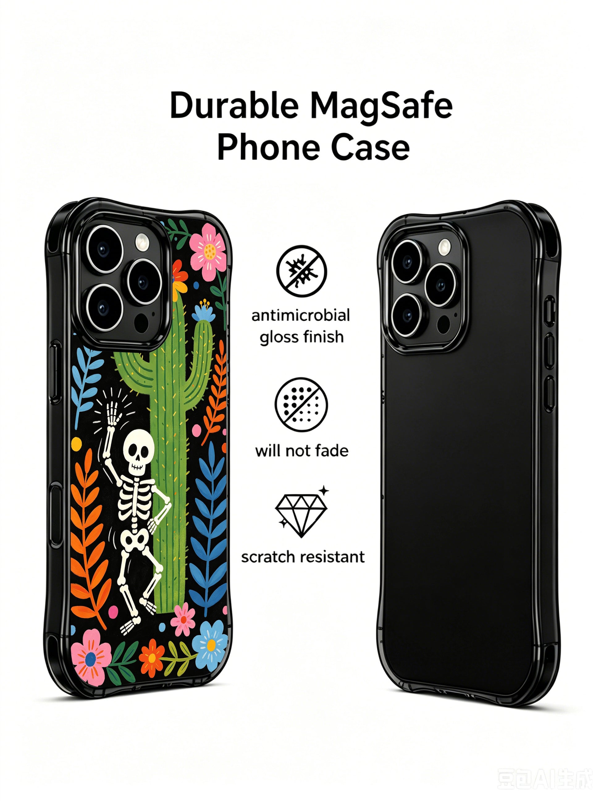 PhoneCasing iPhone 16 pro max Case featuring a dancing skeleton framed by vibrant tropical leaves and blooming flowers, desert folk art by Estrella Nocturna, vivid print on durable black iPhone 16 pro max casing.