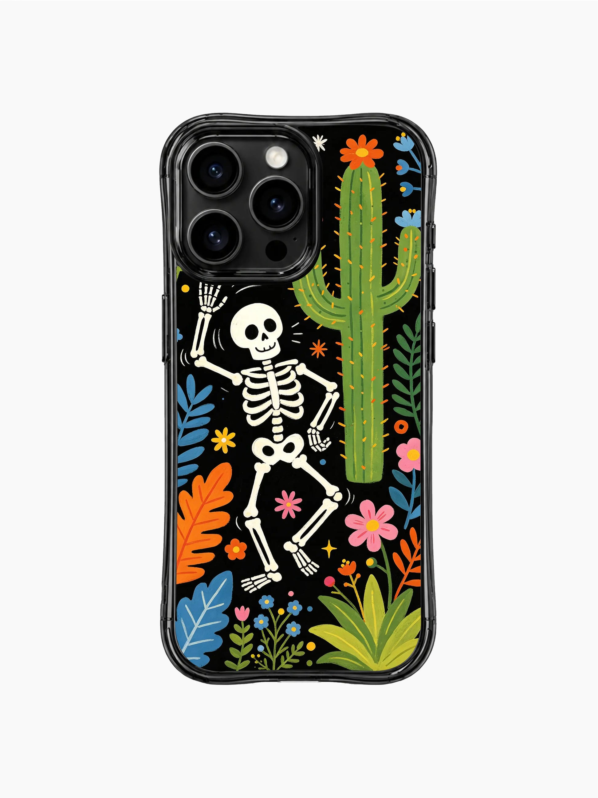 PhoneCasing iPhone 16 pro max Case featuring a skeleton waving one hand in a desert garden, tall cactus and bright blooms all around, whimsical Día de los Muertos folk design, protective iPhone 16 pro max casing.