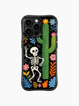 PhoneCasing iPhone 16 pro max Case featuring a skeleton waving to the side beside a blooming cactus, surrounded by colorful desert flowers, cheerful folk art print, durable anti-drop iPhone 16 pro max casing.