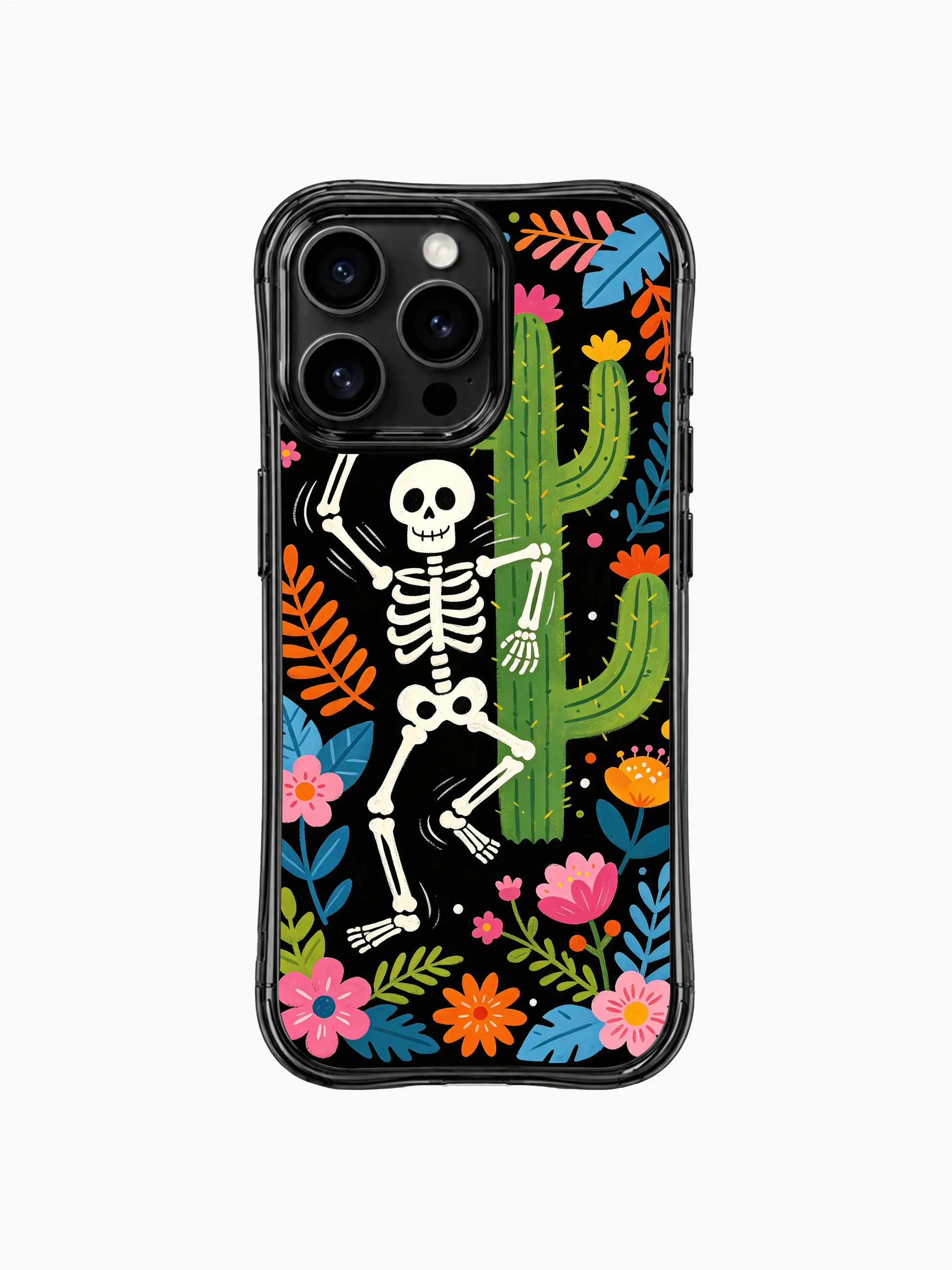 PhoneCasing iPhone 16 pro max Case featuring a side-view dancing skeleton with one arm raised, beside a large cactus and colorful blooms, folk art print by Estrella Nocturna, scratch-resistant iPhone 16 pro max casing.