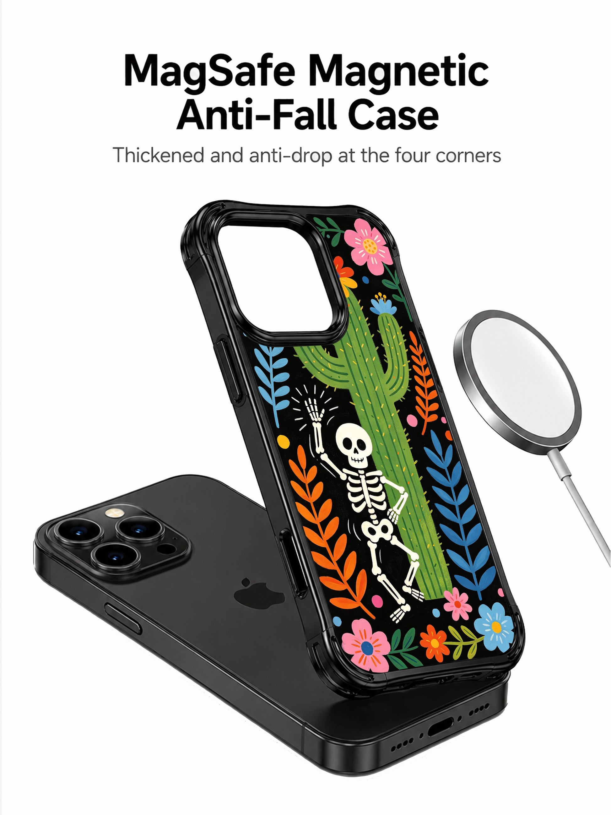 PhoneCasing iPhone 16 pro max Case with a playful skeleton waving one hand beside a large cactus, surrounded by bright pink, orange and blue flowers, folk fantasy design on black base, scratch-resistant protective iPhone 16 pro max casing.