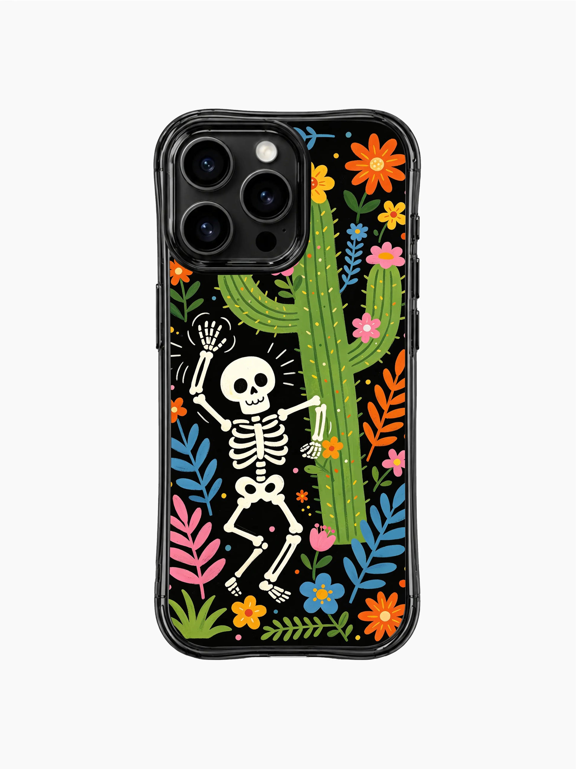 PhoneCasing iPhone 16 pro max Case featuring a skeleton with one hand raised in a lush tropical desert garden, blooming cactus and bright flowers all around, whimsical folk art print, protective iPhone 16 pro max casing.
