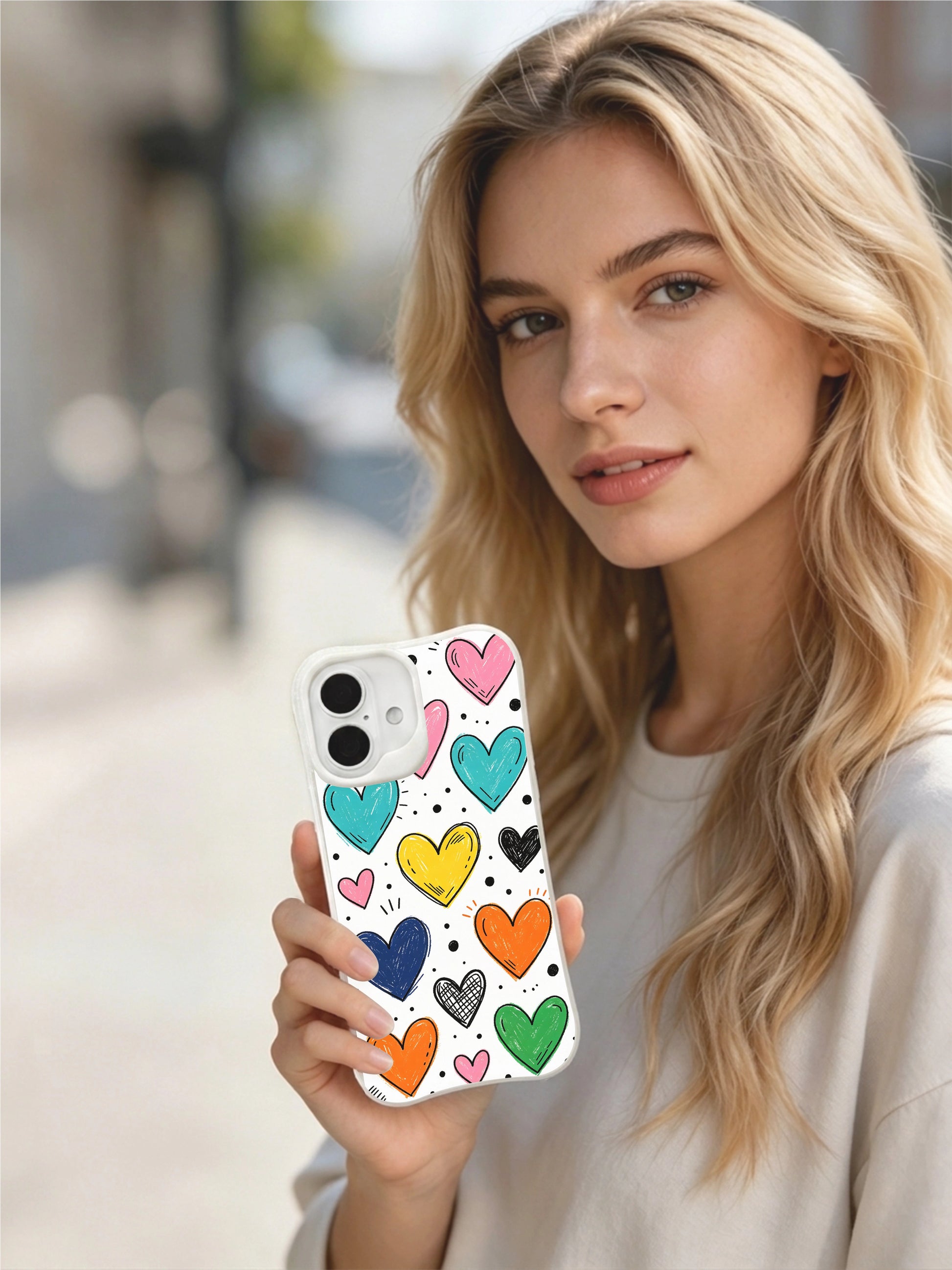 PhoneCasing Sketchbook Heart Doodles Case for iPhone 16 Plus, a whimsical iPhone 16 plus casing with textured hand-drawn hearts and childhood-inspired details.